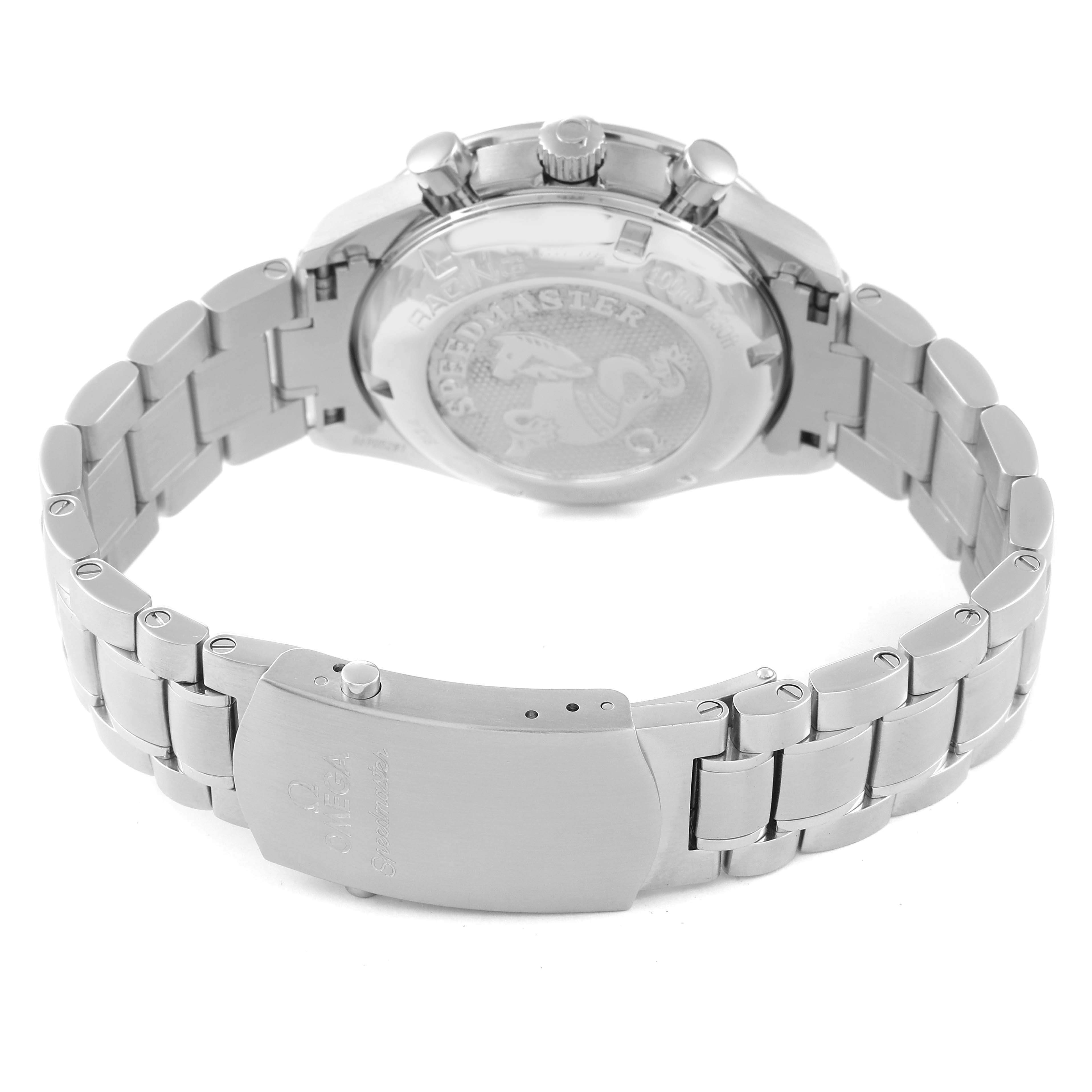 This image shows the back case and bracelet clasp of the Omega Speedmaster 326.30.40.50.06.001 Men's Stainless Steel Grey Dial 326.30.40.50.06.001 Men's Stainless Steel Grey Dial watch from a rear angle.