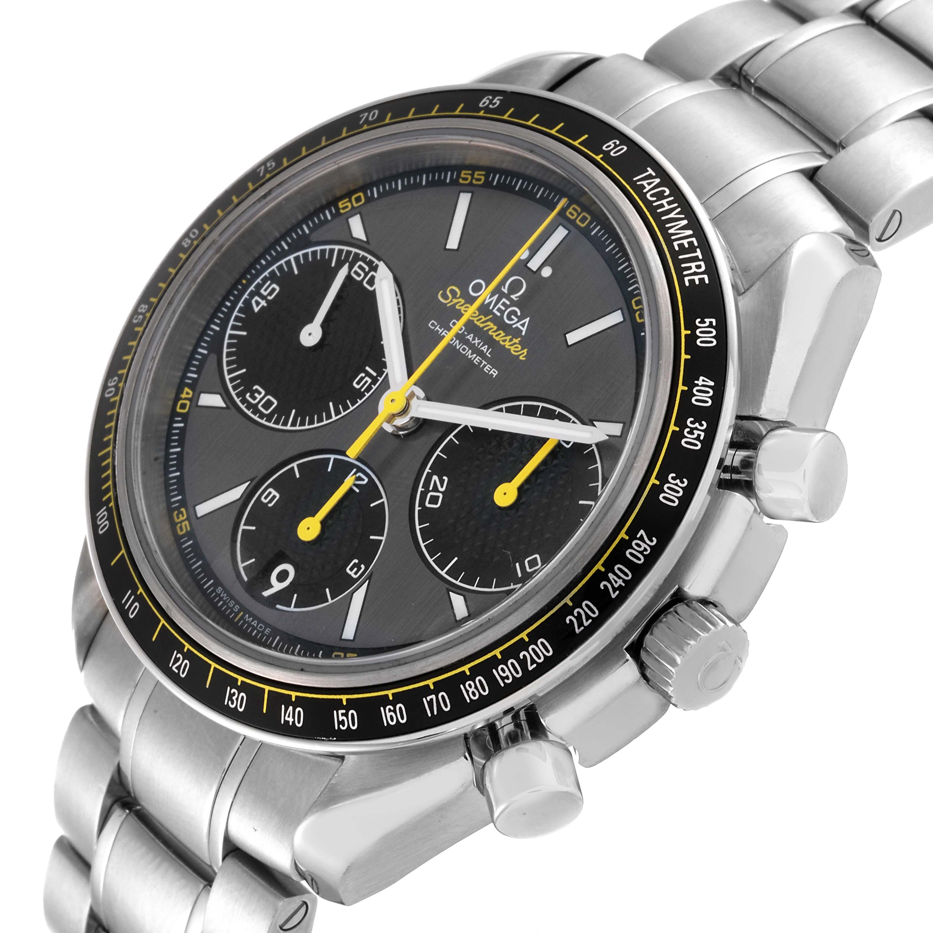 The image shows a close-up side angle of the Omega Speedmaster 326.30.40.50.06.001 Men's Stainless Steel Grey Dial 326.30.40.50.06.001 Men's Stainless Steel Grey Dial watch, highlighting its dial, tachymeter, and stainless steel bracelet.