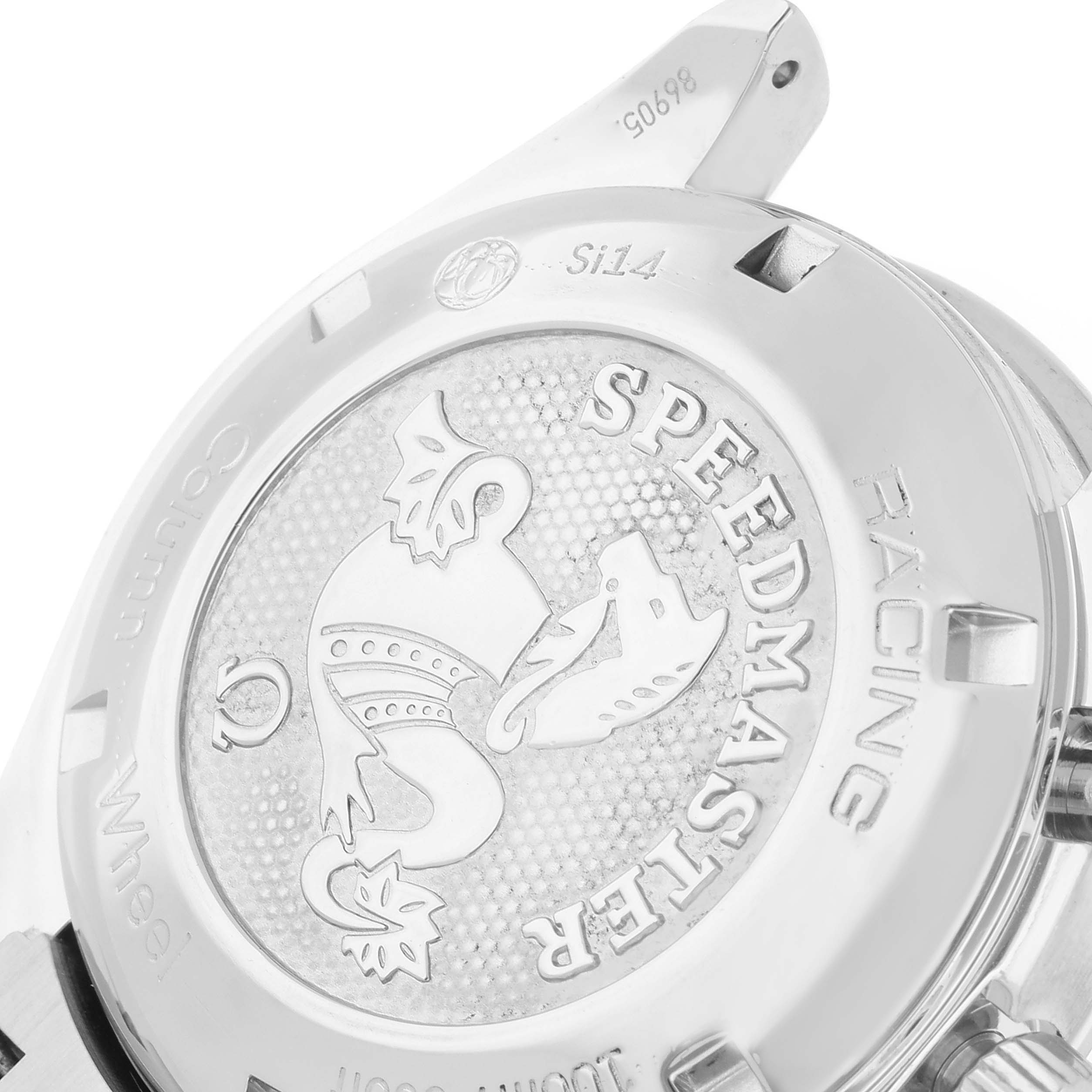 The image shows the back case of the Omega Speedmaster 326.30.40.50.06.001 Men's Stainless Steel Grey Dial 326.30.40.50.06.001 Men's Stainless Steel Grey Dial Racing watch, featuring its engraved logo and model details.