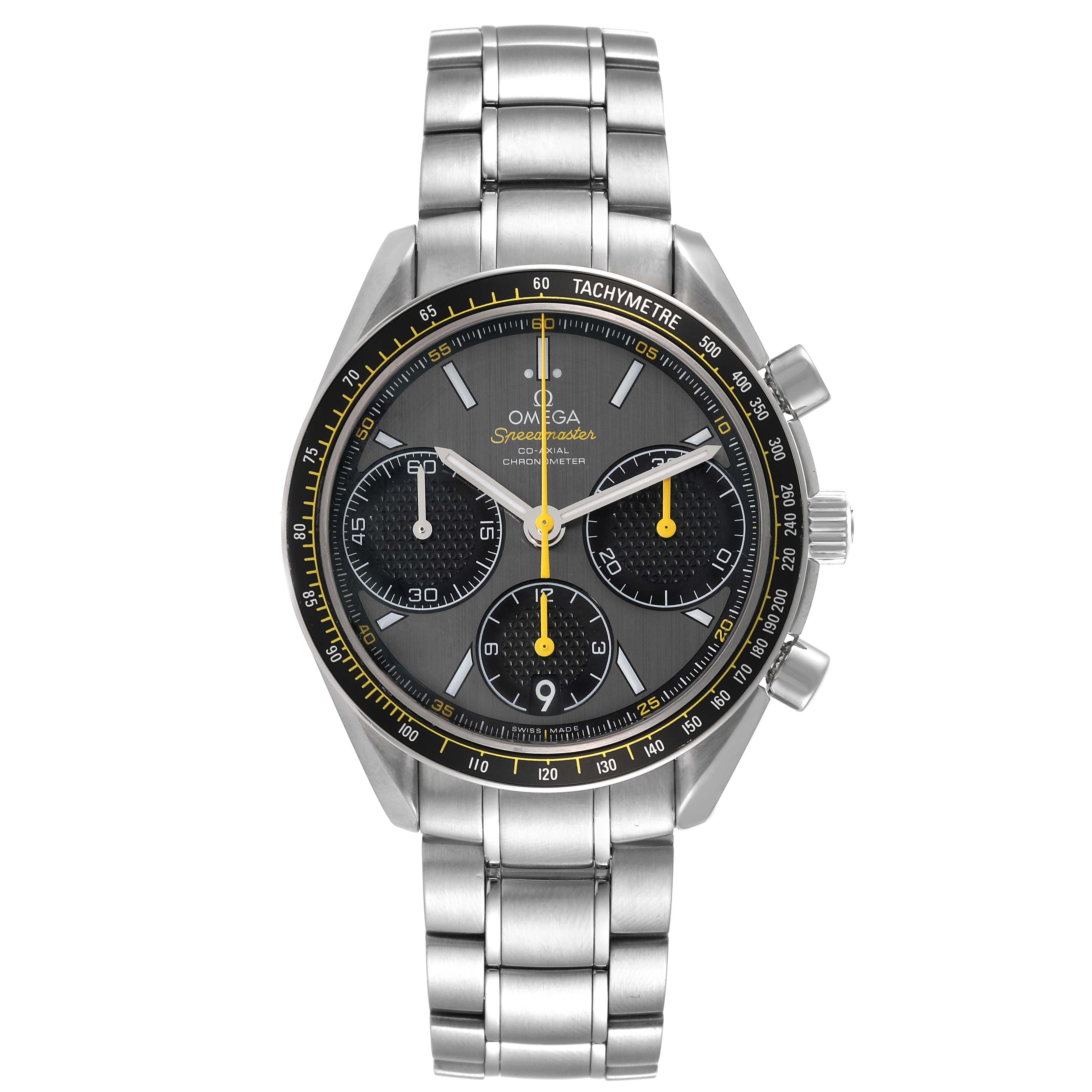 The image shows a front view of the Omega Speedmaster 326.30.40.50.06.001 Men's Stainless Steel Grey Dial 326.30.40.50.06.001 Men's Stainless Steel Grey Dial watch, highlighting its dial, case, bracelet, and tachymeter bezel.