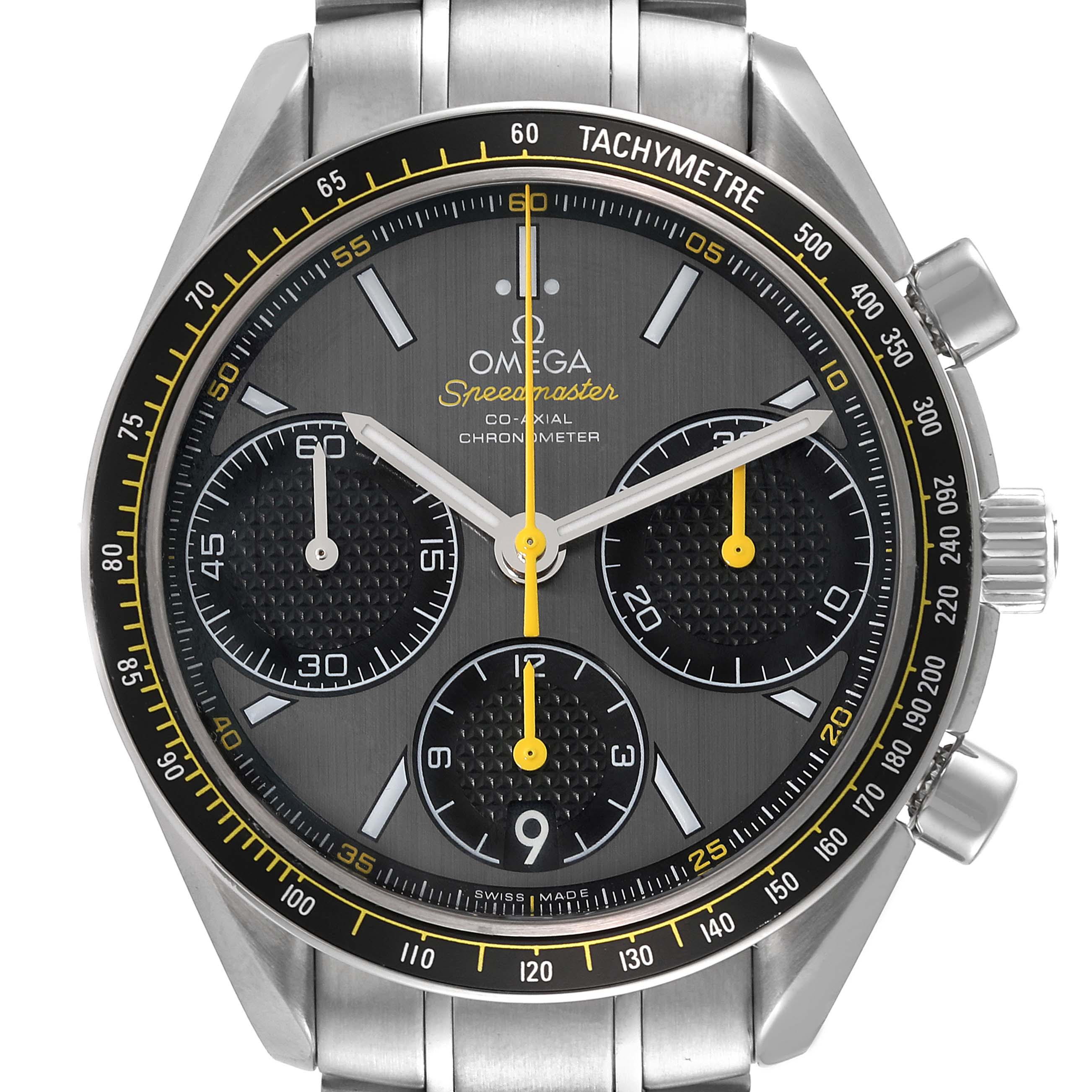 The image shows a close-up of the Omega Speedmaster 326.30.40.50.06.001 Men's Stainless Steel Grey Dial 326.30.40.50.06.001 Men's Stainless Steel Grey Dial, highlighting its tachymeter bezel, subdials, and stainless steel bracelet.