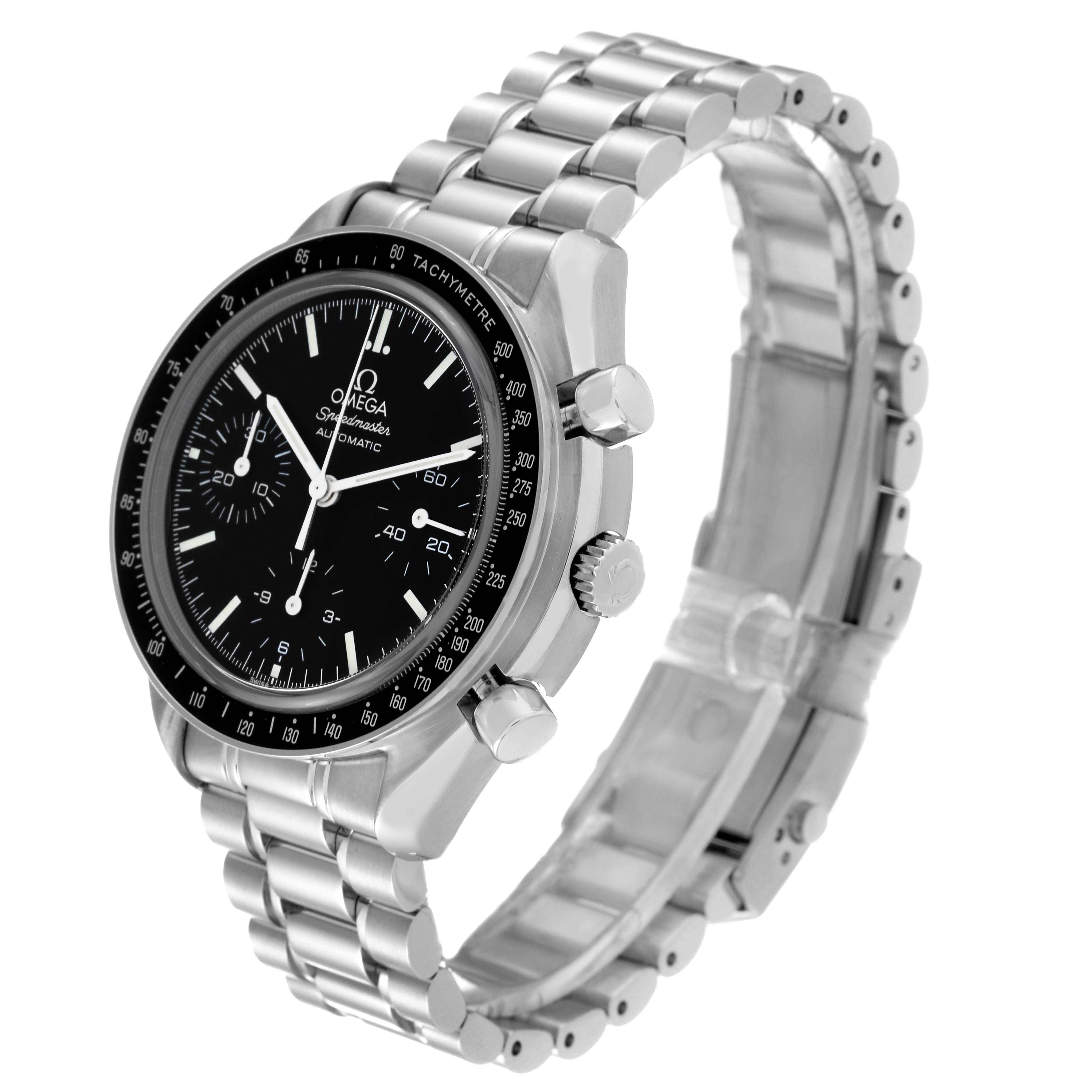 The Omega Speedmaster 3539.50.00 Men's Stainless Steel Black Dial 3539.50.00 Men's Stainless Steel Black Dial watch is shown at a three-quarter angle, highlighting its face, bezel, pushers, and stainless steel bracelet.