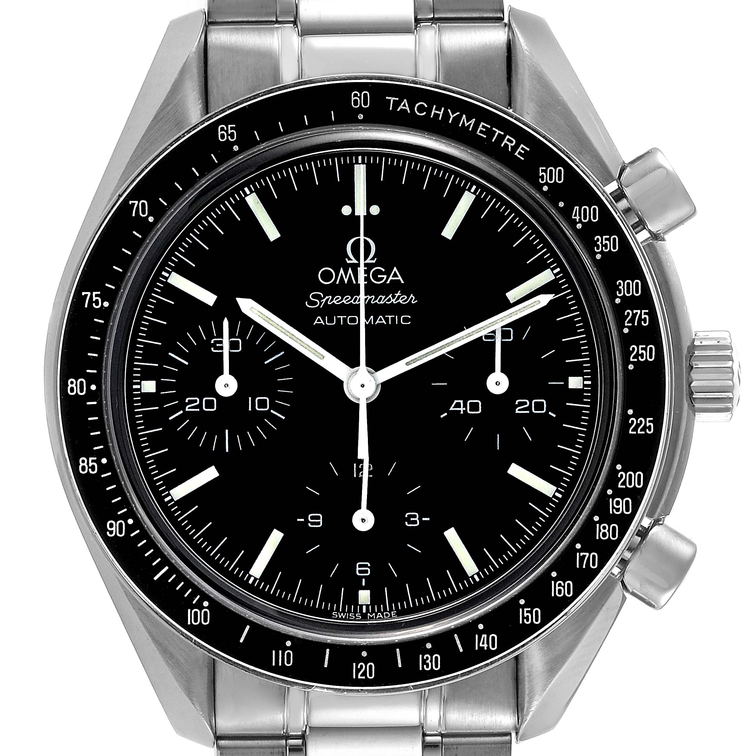 The image shows a front view of an Omega Speedmaster 3539.50.00 Men's Stainless Steel Black Dial 3539.50.00 Men's Stainless Steel Black Dial watch, highlighting the dial, subdials, and the tachymeter bezel.