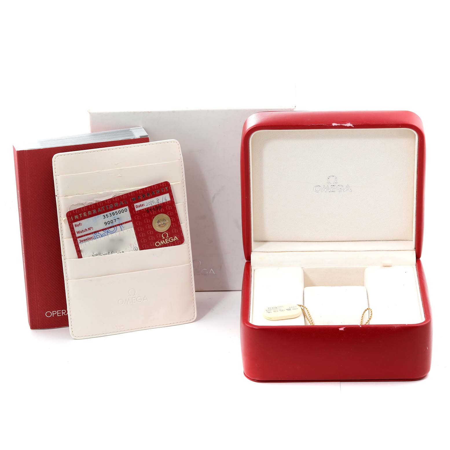 The image shows the packaging, including the red case, manual, and cards for an Omega Speedmaster 3539.50.00 Men's Stainless Steel Black Dial 3539.50.00 Men's Stainless Steel Black Dial watch.