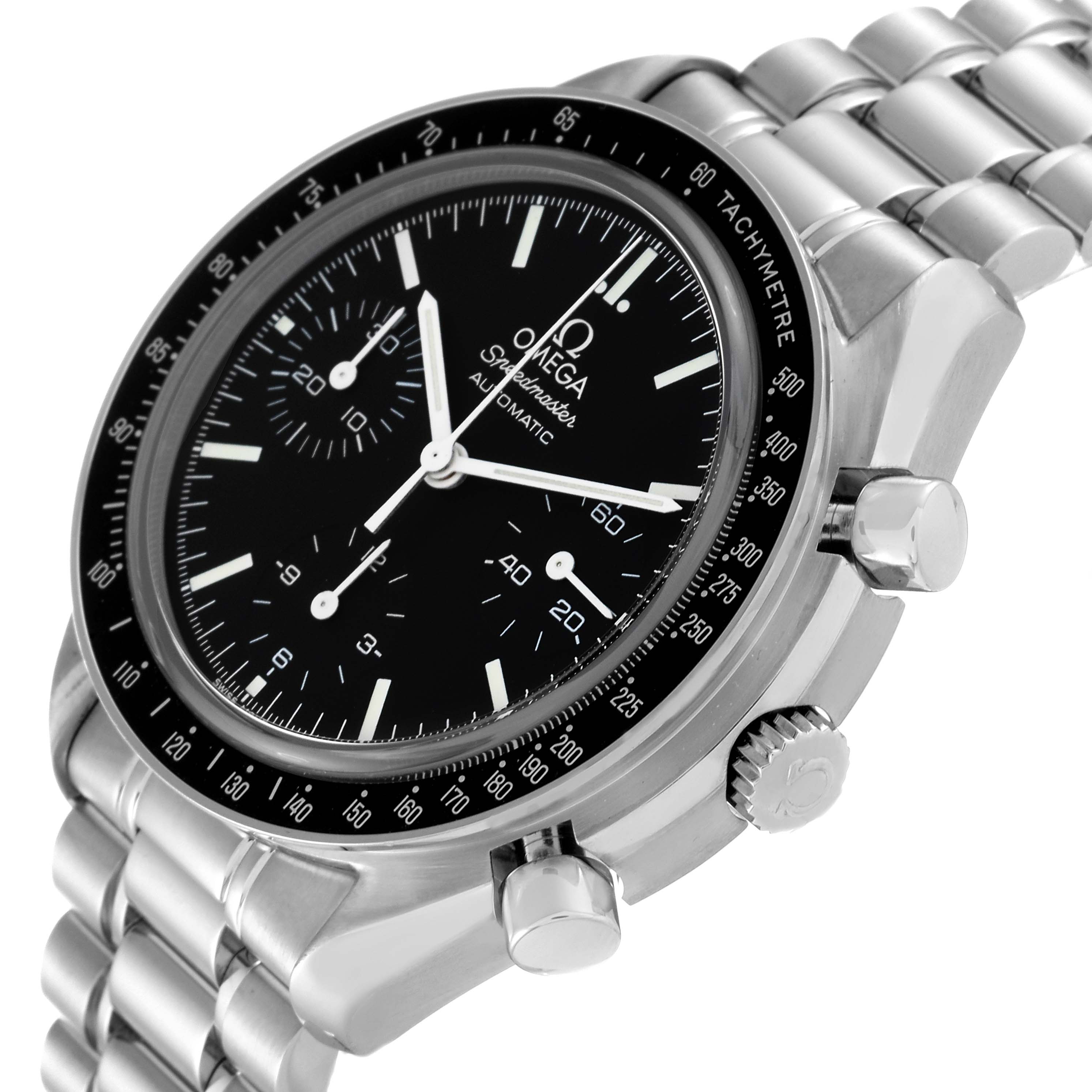 The image shows an Omega Speedmaster 3539.50.00 Men's Stainless Steel Black Dial 3539.50.00 Men's Stainless Steel Black Dial watch from a three-quarter angle, highlighting the face, bezel, pushers, crown, and bracelet.