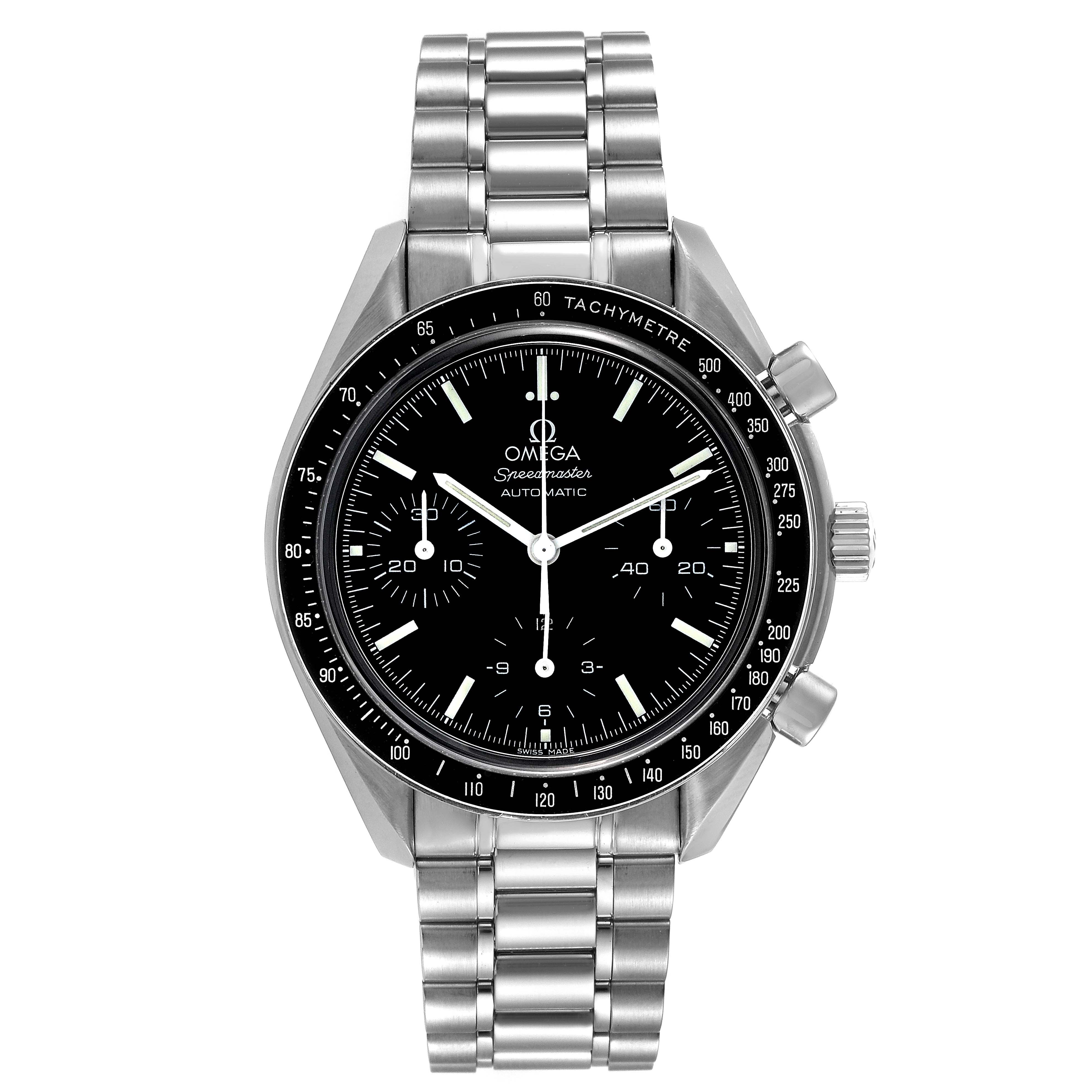 This Omega Speedmaster 3539.50.00 Men's Stainless Steel Black Dial 3539.50.00 Men's Stainless Steel Black Dial watch is shown from a front angle, highlighting its dial, bezel, and stainless steel bracelet.