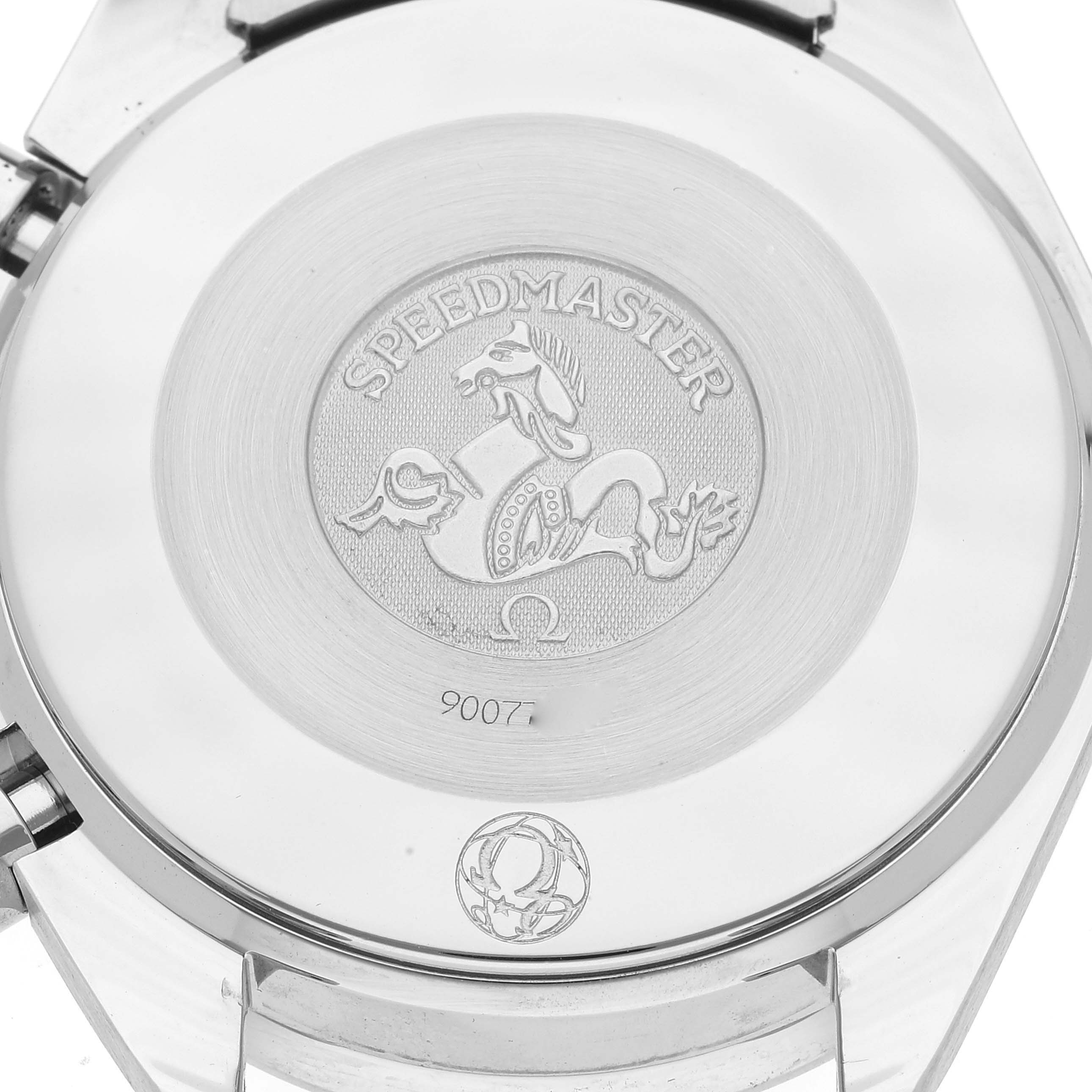 This image shows the back case of the Omega Speedmaster 3539.50.00 Men's Stainless Steel Black Dial 3539.50.00 Men's Stainless Steel Black Dial watch, featuring the model engraving and logo.