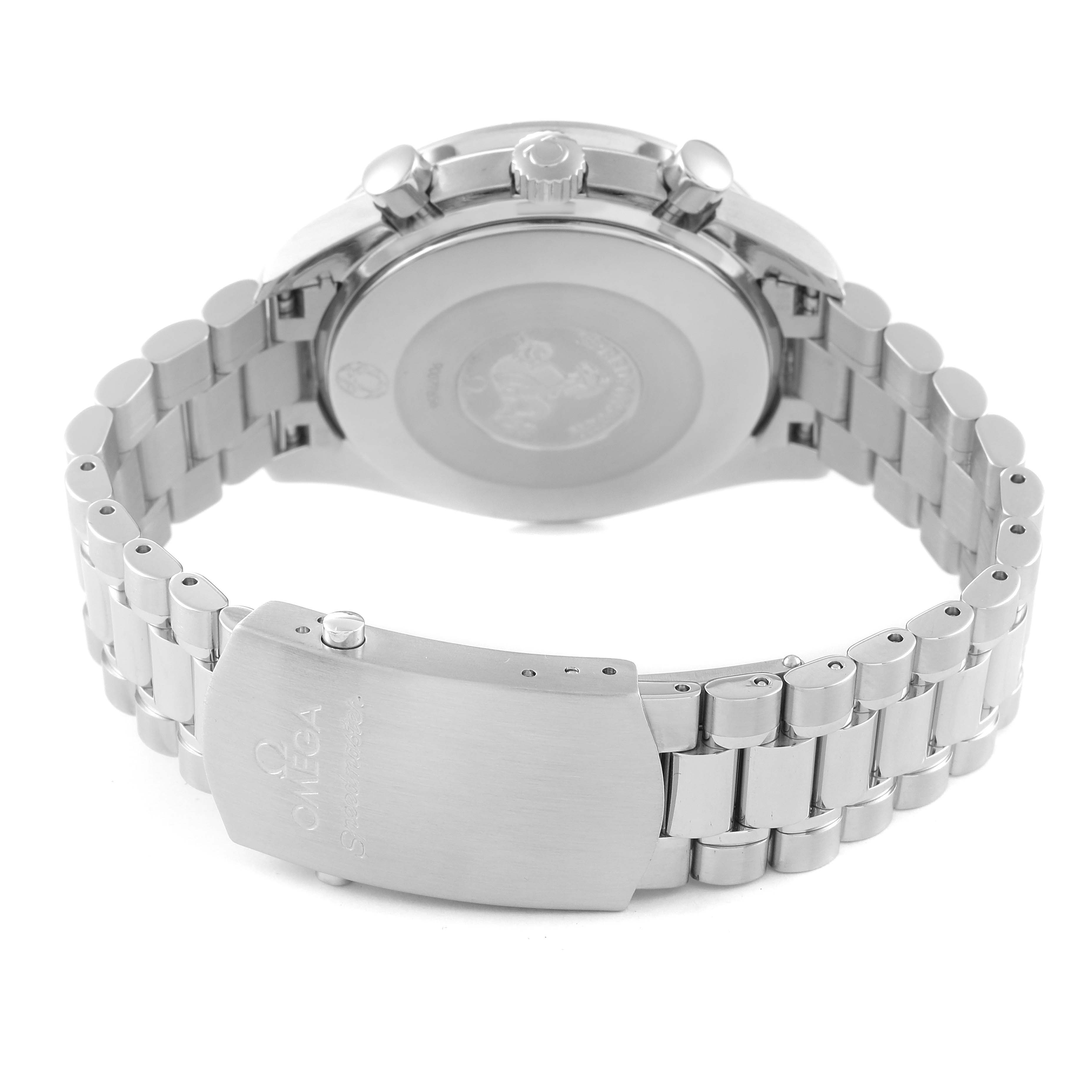 This image shows the back and clasp of an Omega Speedmaster 3539.50.00 Men's Stainless Steel Black Dial 3539.50.00 Men's Stainless Steel Black Dial watch, highlighting the stainless steel bracelet and Omega logo on the clasp.