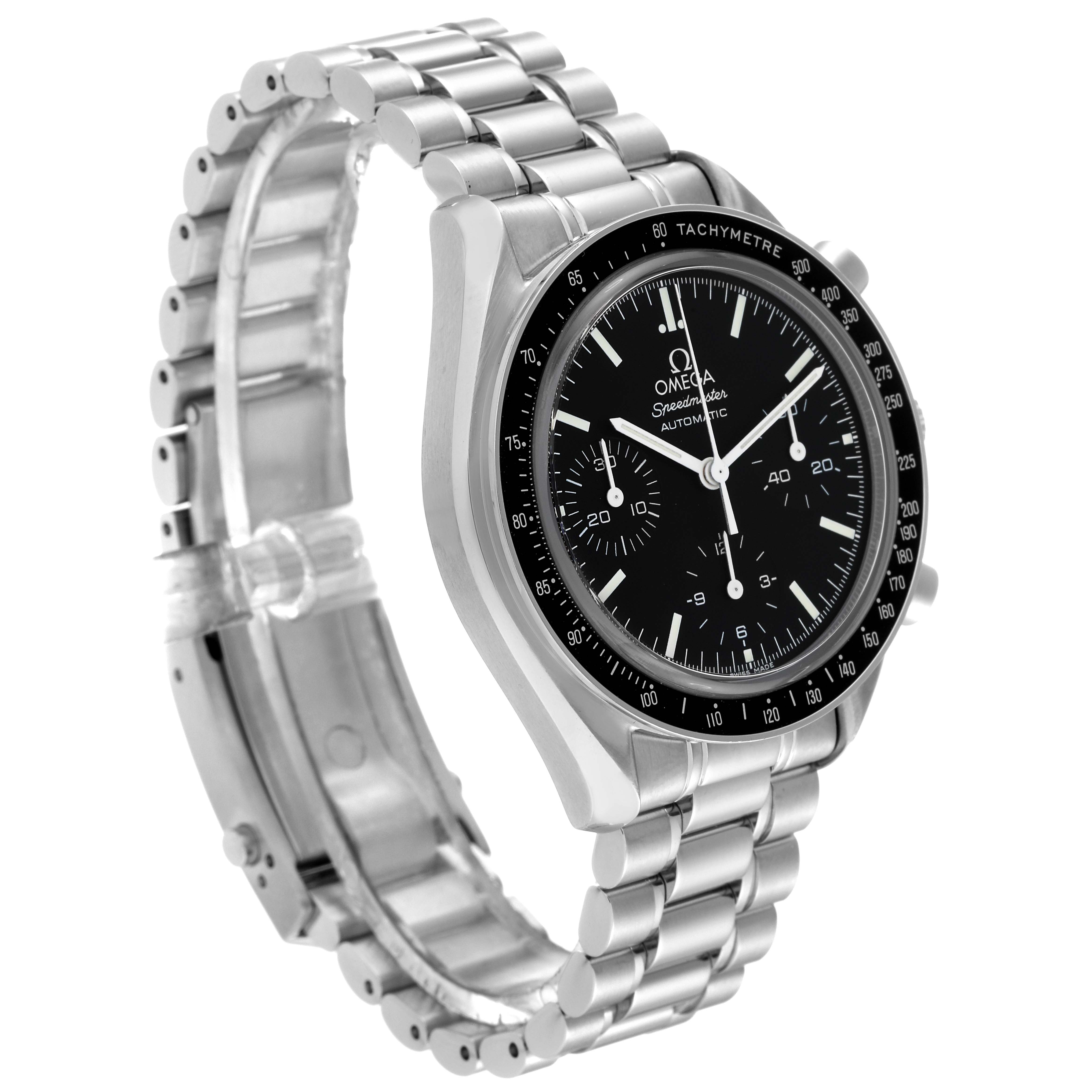 The image shows an Omega Speedmaster 3539.50.00 Men's Stainless Steel Black Dial 3539.50.00 Men's Stainless Steel Black Dial watch at an oblique angle, highlighting its dial, tachymeter bezel, and metal bracelet.
