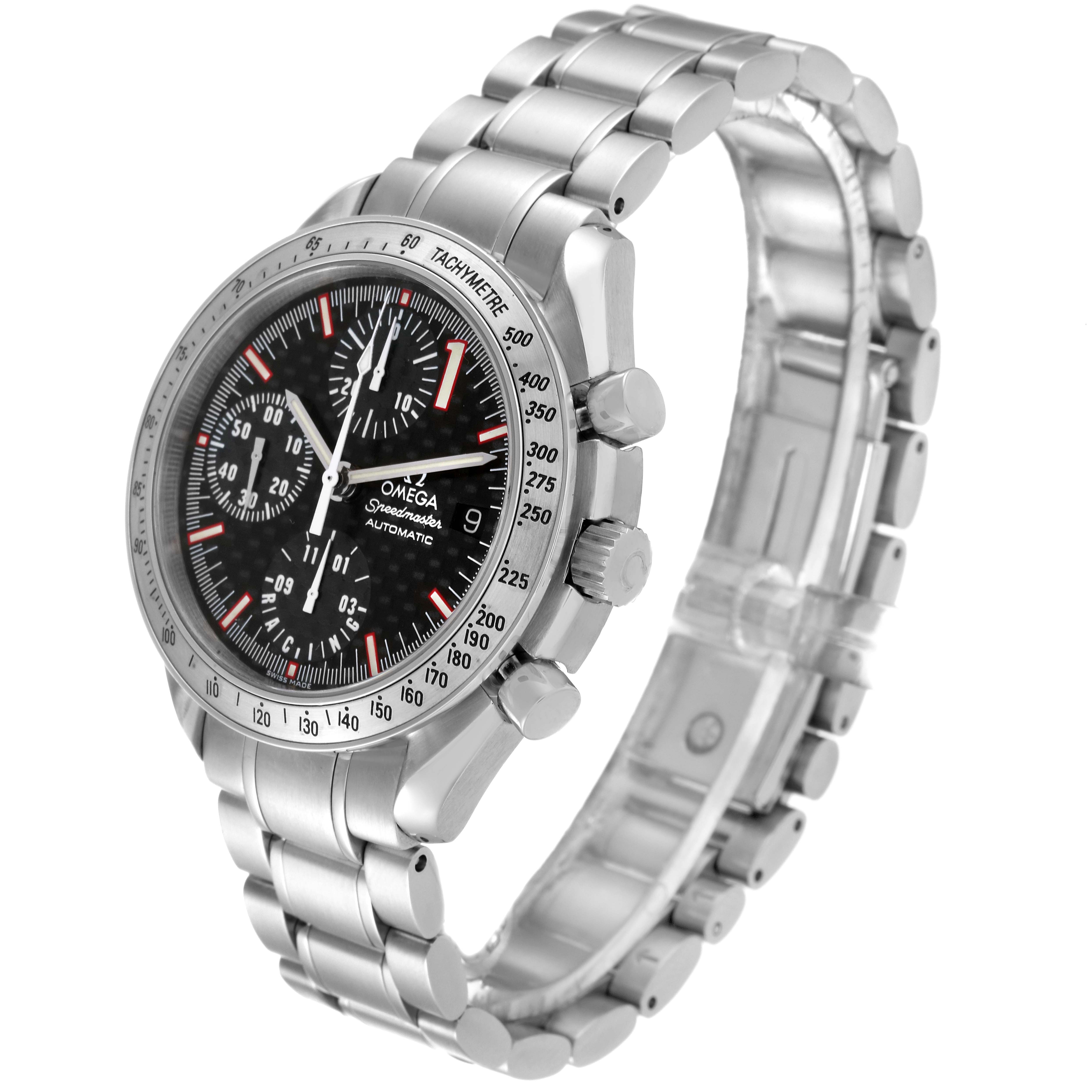 The image shows a side-angle view of an Omega Speedmaster 3519.50.00 Men's Stainless Steel Black Dial 3519.50.00 Men's Stainless Steel Black Dial watch, highlighting its dial, bezel, and stainless steel bracelet.