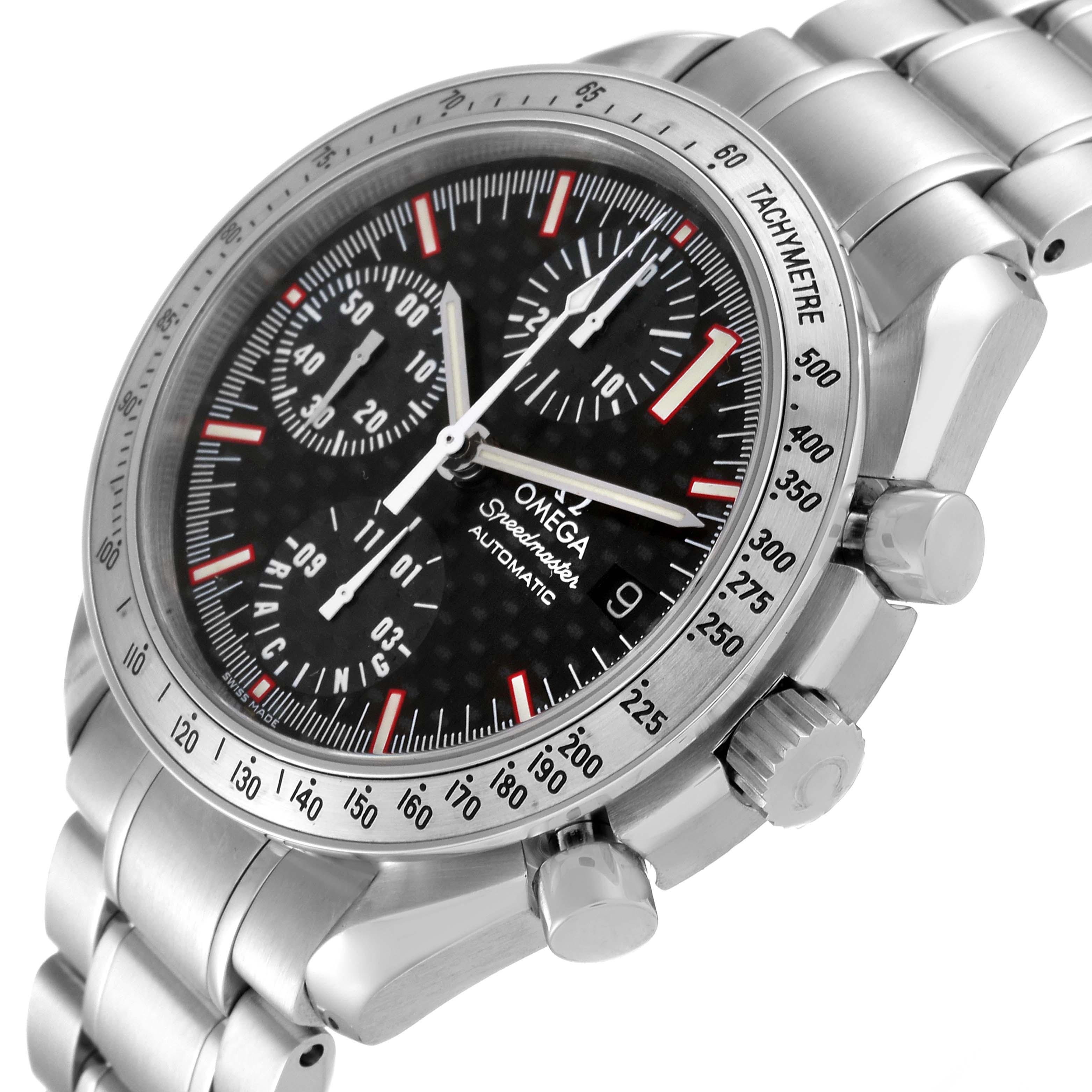 The image shows a side angle of the Omega Speedmaster 3519.50.00 Men's Stainless Steel Black Dial 3519.50.00 Men's Stainless Steel Black Dial watch, highlighting the dial, bezel, and stainless steel bracelet.