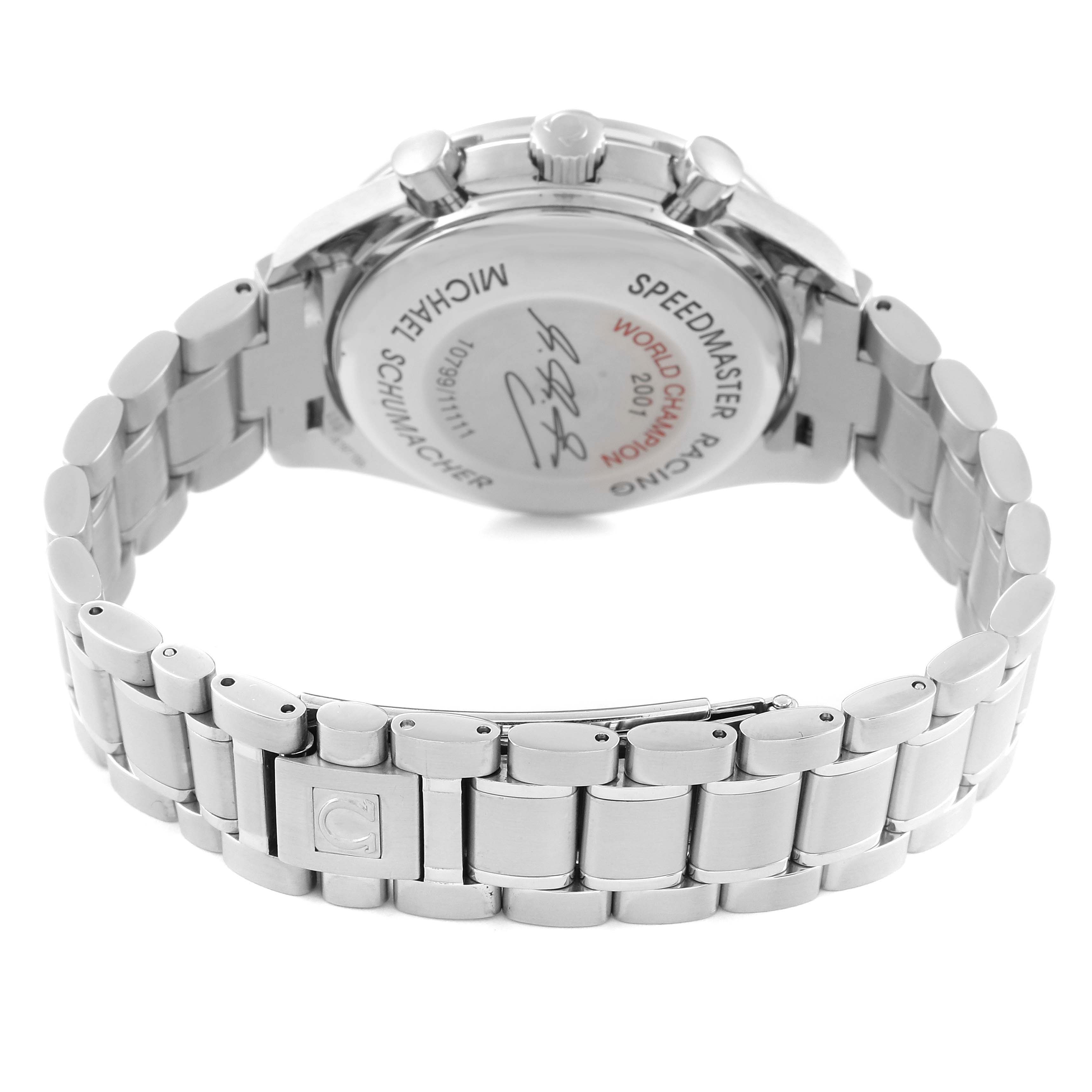 The image shows the back of an Omega Speedmaster 3519.50.00 Men's Stainless Steel Black Dial 3519.50.00 Men's Stainless Steel Black Dial watch, highlighting the case back and metal bracelet.