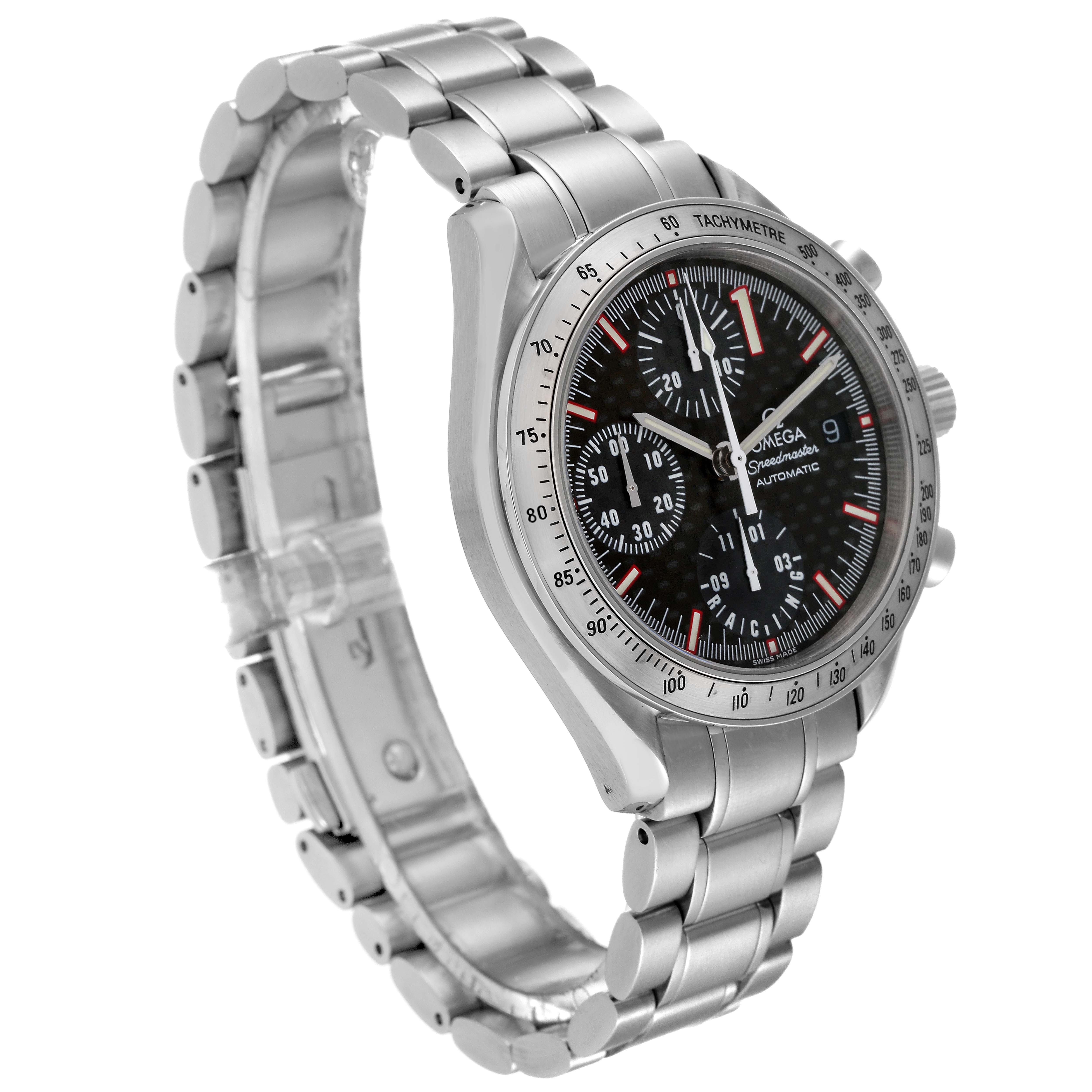 The image shows an Omega Speedmaster 3519.50.00 Men's Stainless Steel Black Dial 3519.50.00 Men's Stainless Steel Black Dial watch angled to display its face, tachymeter bezel, and metal bracelet.