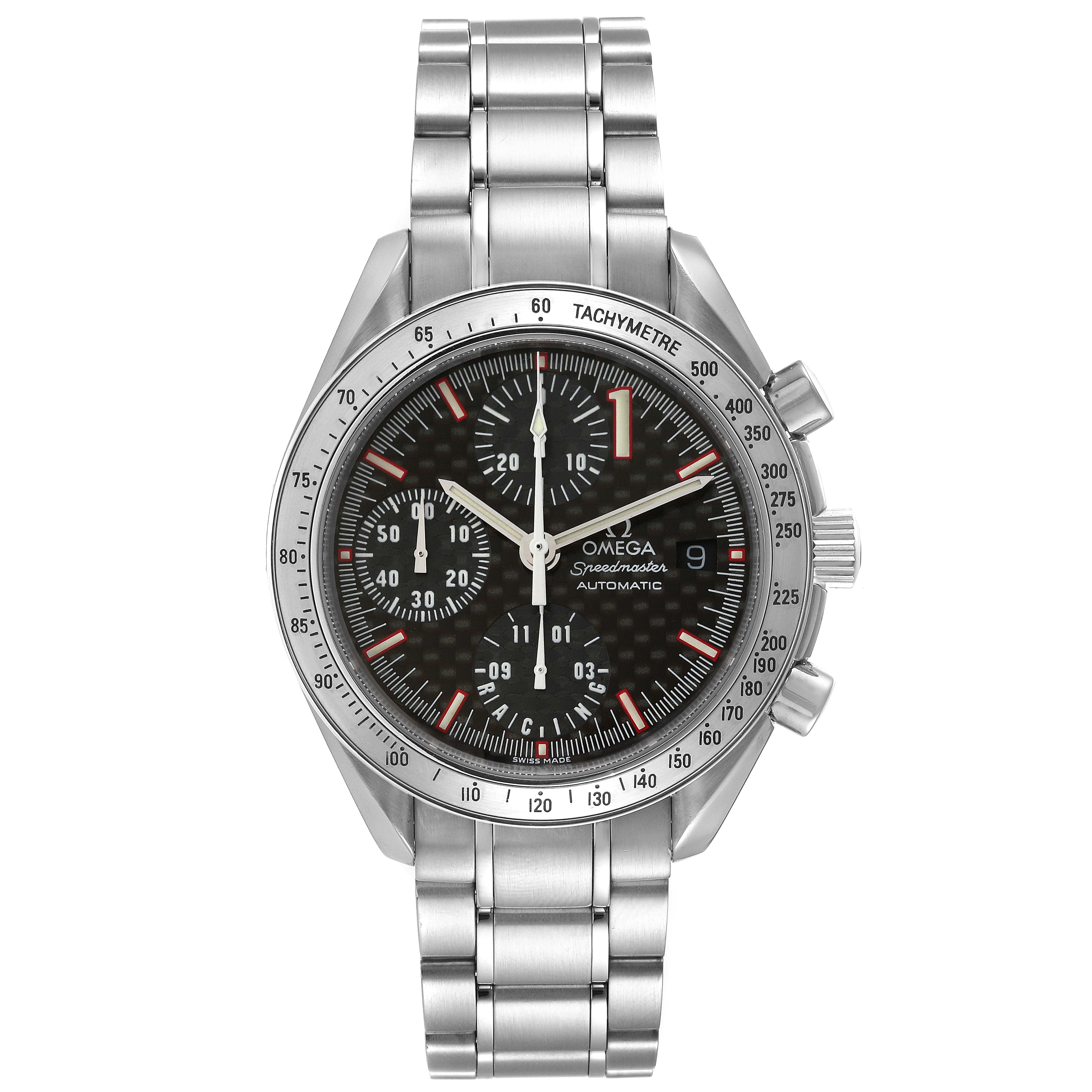 This image shows the front view of an Omega Speedmaster 3519.50.00 Men's Stainless Steel Black Dial 3519.50.00 Men's Stainless Steel Black Dial watch, displaying the dial, bezel, and stainless steel bracelet.
