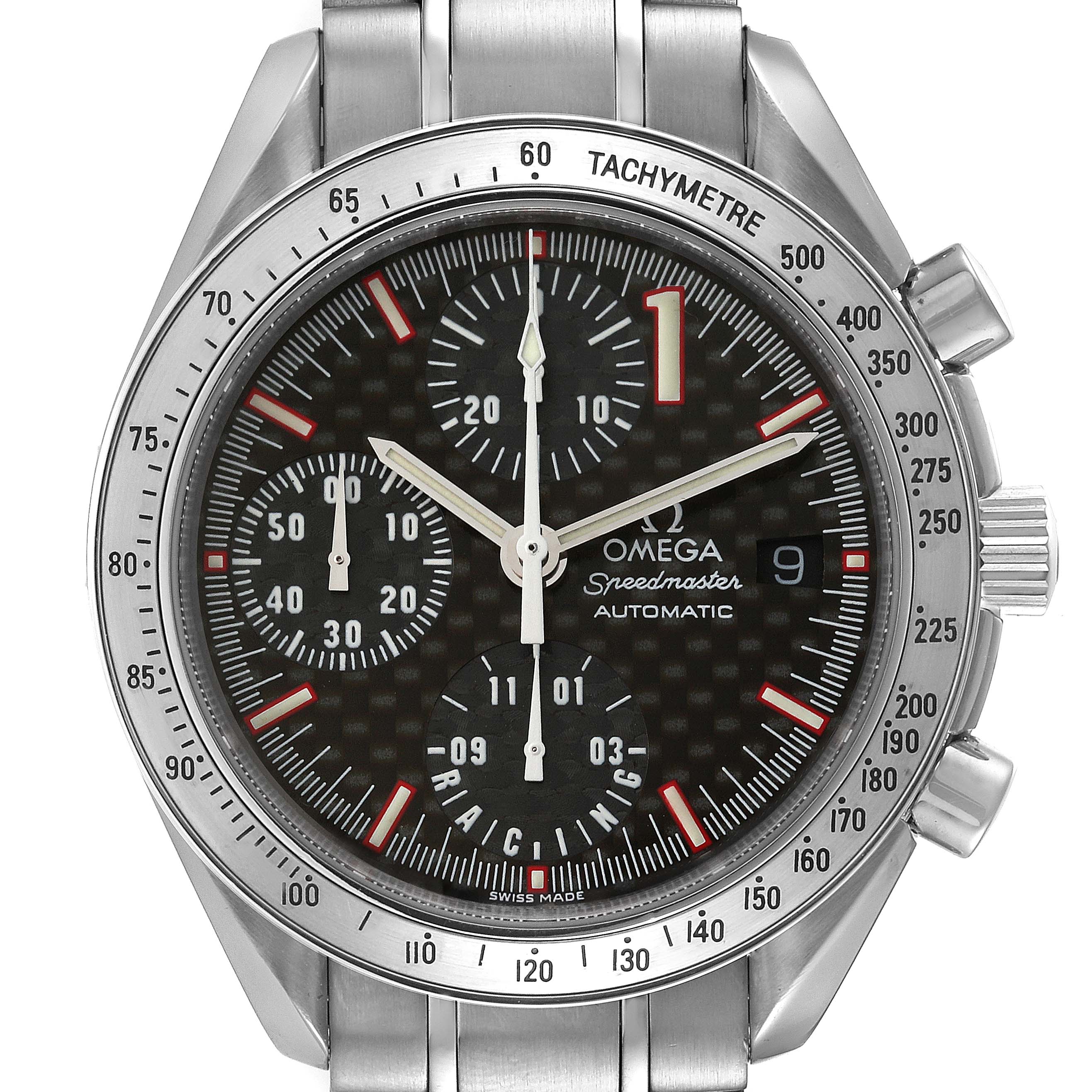 This image shows the front view of an Omega Speedmaster 3519.50.00 Men's Stainless Steel Black Dial 3519.50.00 Men's Stainless Steel Black Dial watch with a tachymeter bezel and chronograph subdials.