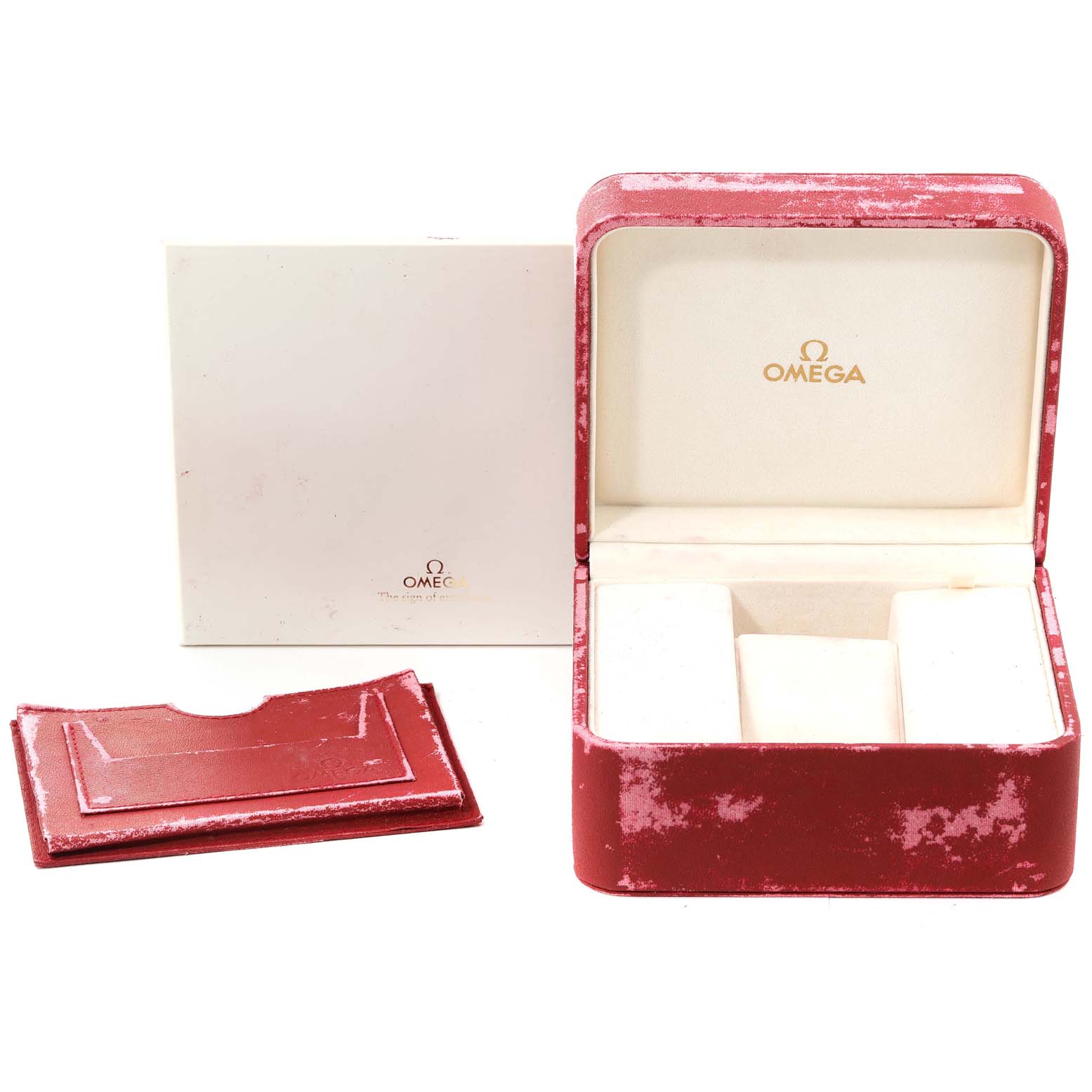 The image shows an Omega Speedmaster 3211.32.00 Men's Stainless Steel Silver Dial 3211.32.00 Men's Stainless Steel Silver Dial watch box and accessories, displayed at an angle revealing the inside and exterior.