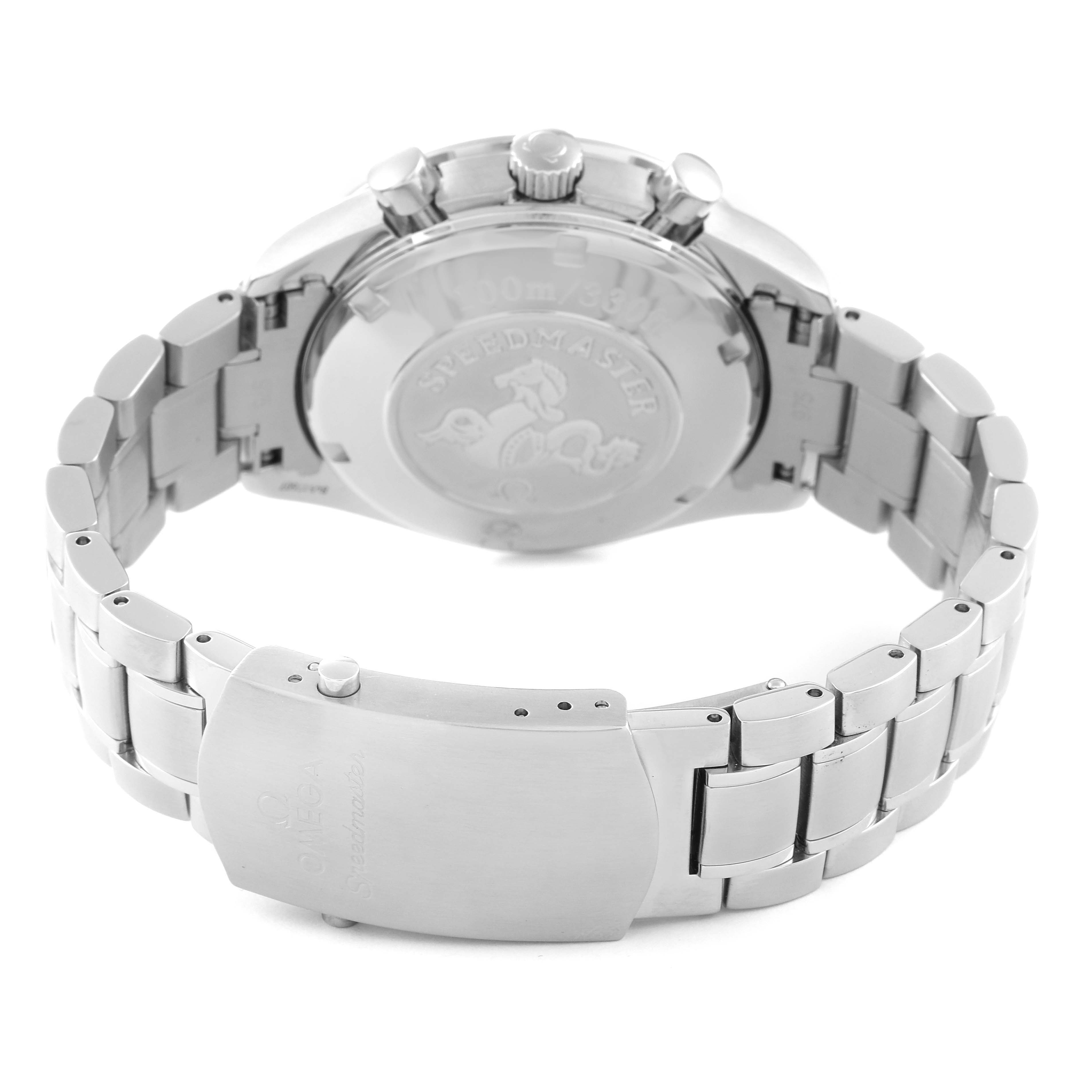 The image shows the back case and bracelet of an Omega Speedmaster 3211.32.00 Men's Stainless Steel Silver Dial 3211.32.00 Men's Stainless Steel Silver Dial watch, viewed from an angle highlighting the clasp.