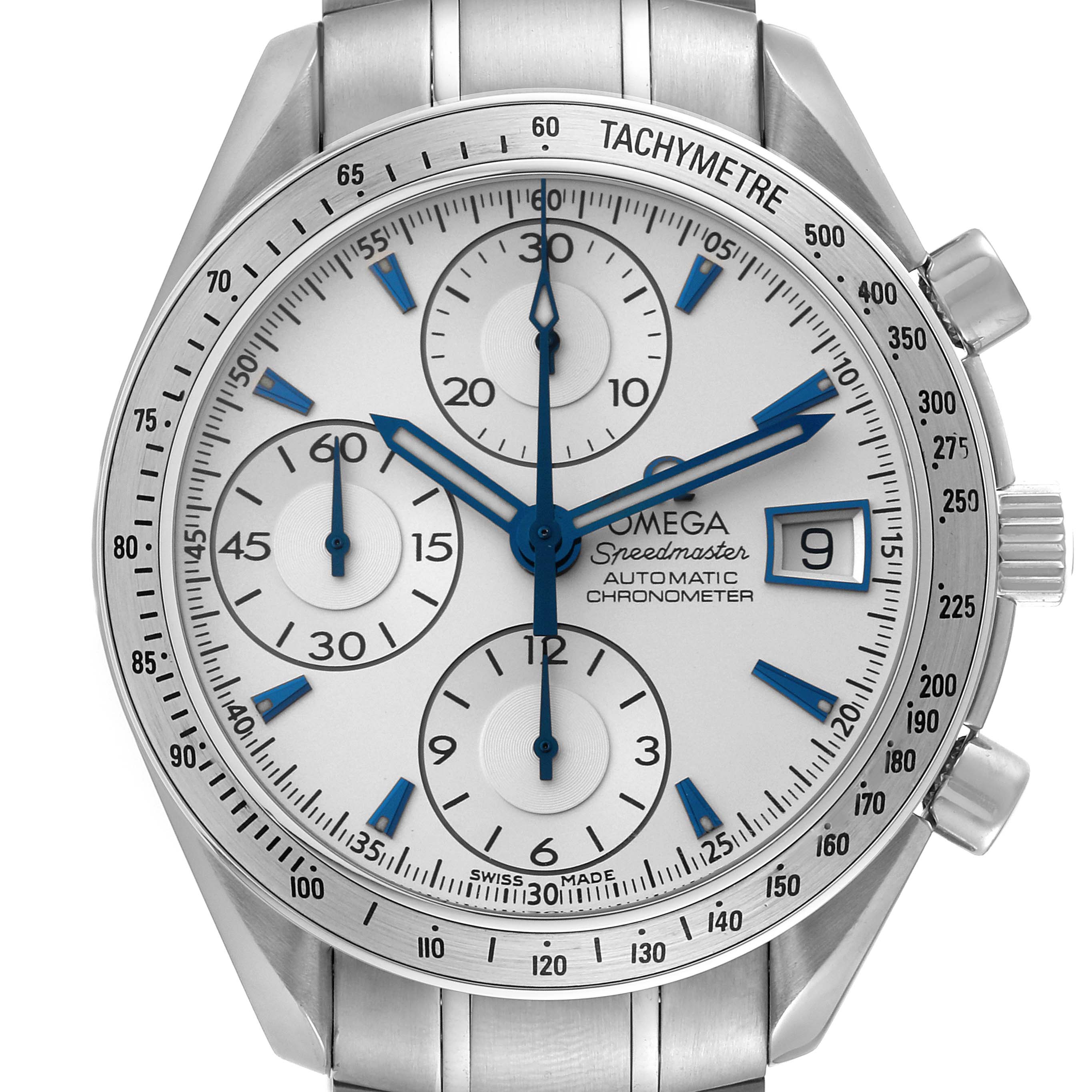 The Omega Speedmaster 3211.32.00 Men's Stainless Steel Silver Dial 3211.32.00 Men's Stainless Steel Silver Dial watch is shown from a top-down angle, displaying its dial, sub-dials, hands, bezel, and crown.