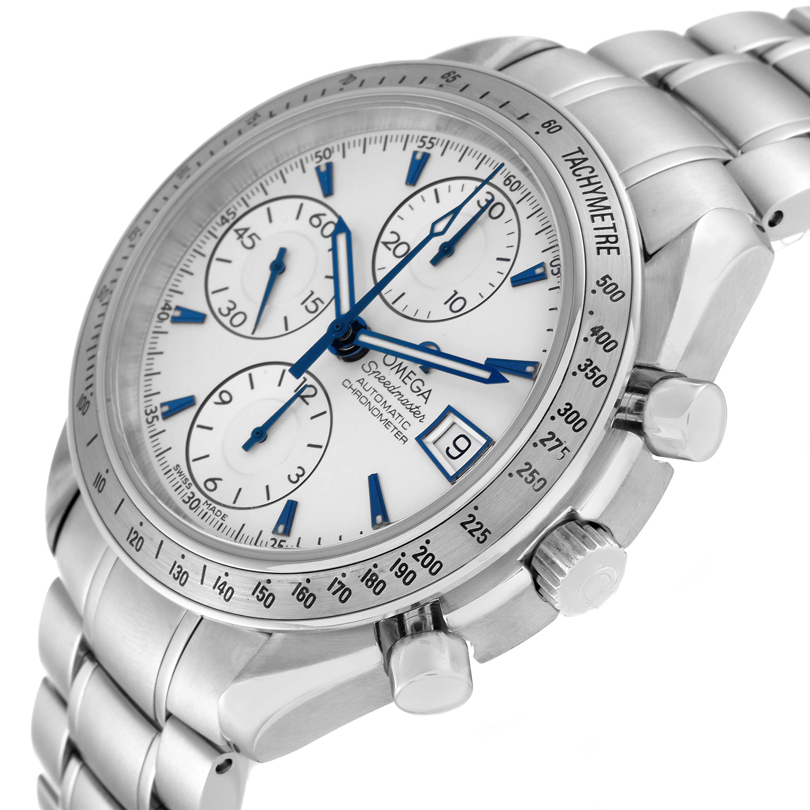 The image shows the front and right side of an Omega Speedmaster 3211.32.00 Men's Stainless Steel Silver Dial 3211.32.00 Men's Stainless Steel Silver Dial watch, highlighting the dial, chronograph subdials, tachymeter bezel, and crown.