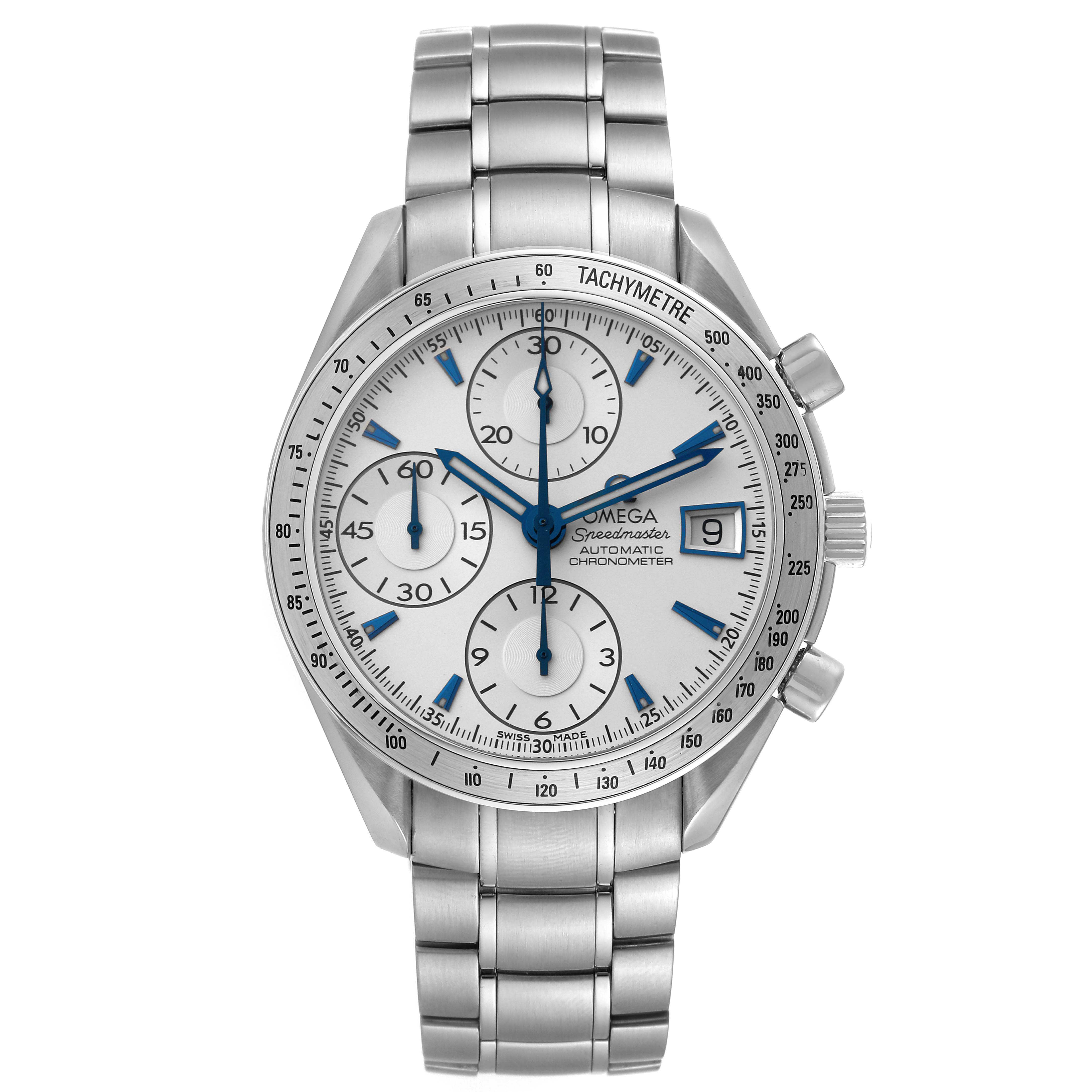 This image shows a frontal view of the Omega Speedmaster 3211.32.00 Men's Stainless Steel Silver Dial 3211.32.00 Men's Stainless Steel Silver Dial watch, featuring its dial, subdials, and metal bracelet.