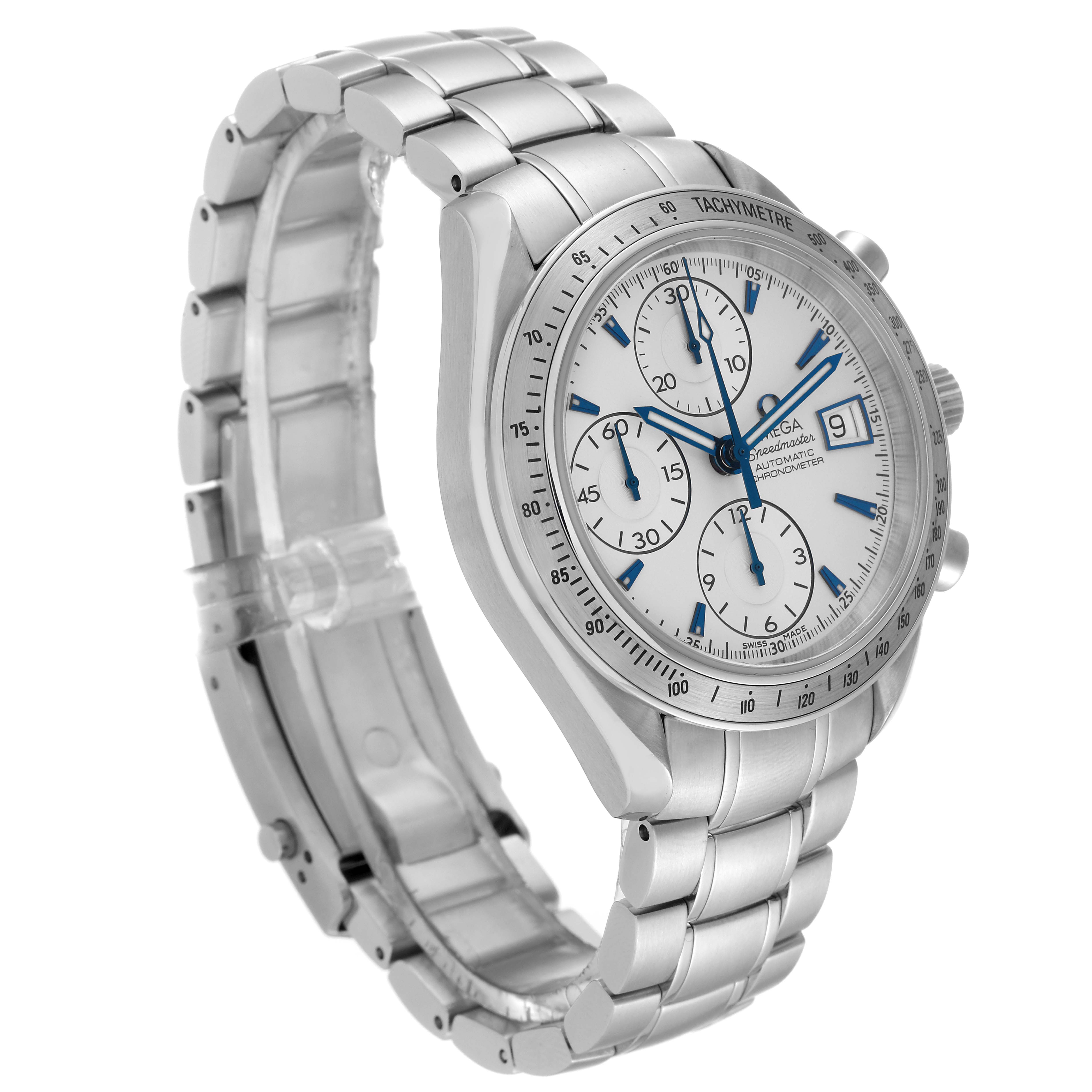 The Omega Speedmaster 3211.32.00 Men's Stainless Steel Silver Dial 3211.32.00 Men's Stainless Steel Silver Dial watch is shown at a three-quarter angle, revealing its dial, tachymeter bezel, and metal bracelet.