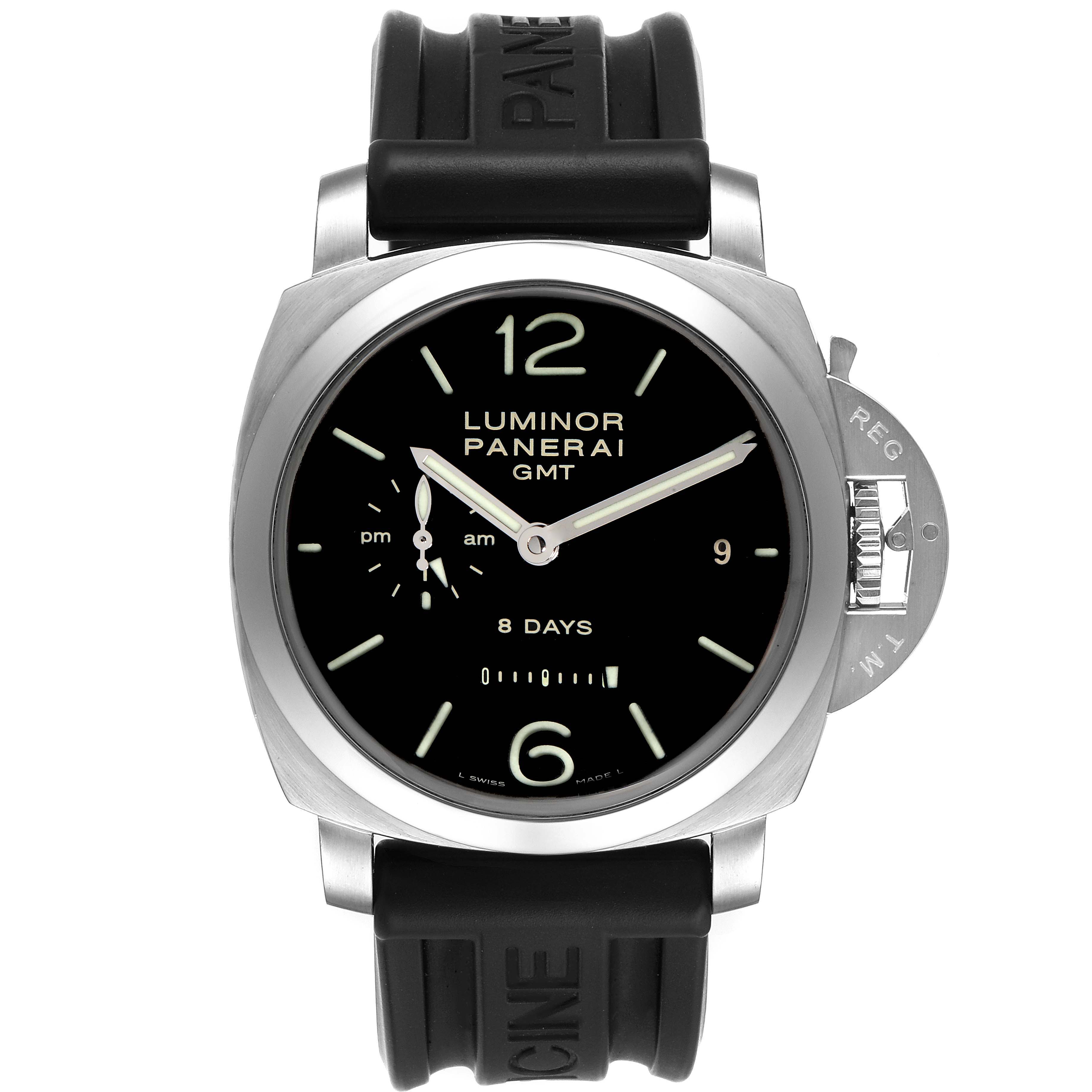 The image shows a front view of a Luminor Panerai GMT watch with a black dial and a rubber strap.