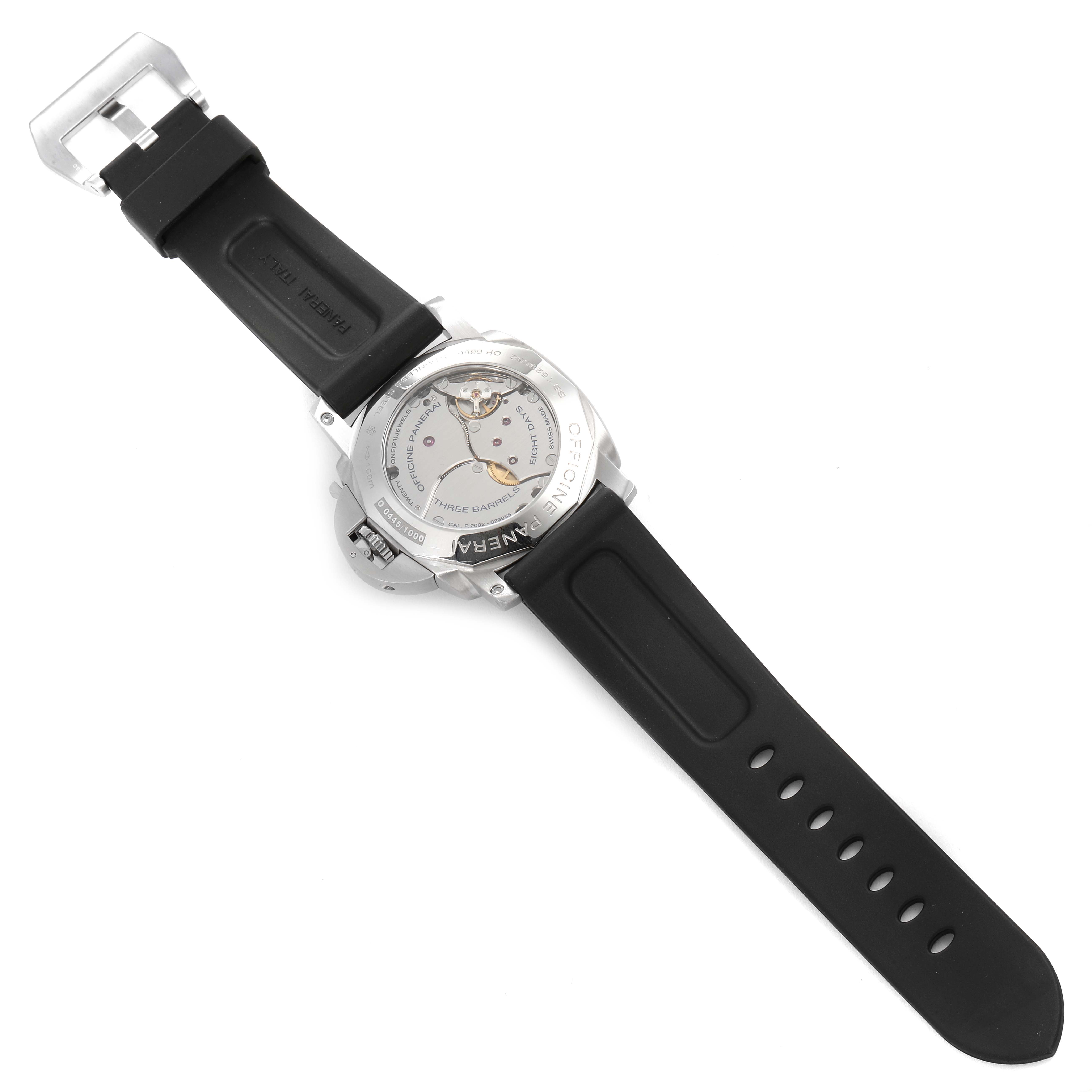 This image shows the backside view of a Panerai Luminor PAM00233 Men
s Stainless Steel Black Dial PAM00233 Men
s Stainless Steel Black Dial watch, highlighting its open case back and rubber strap.