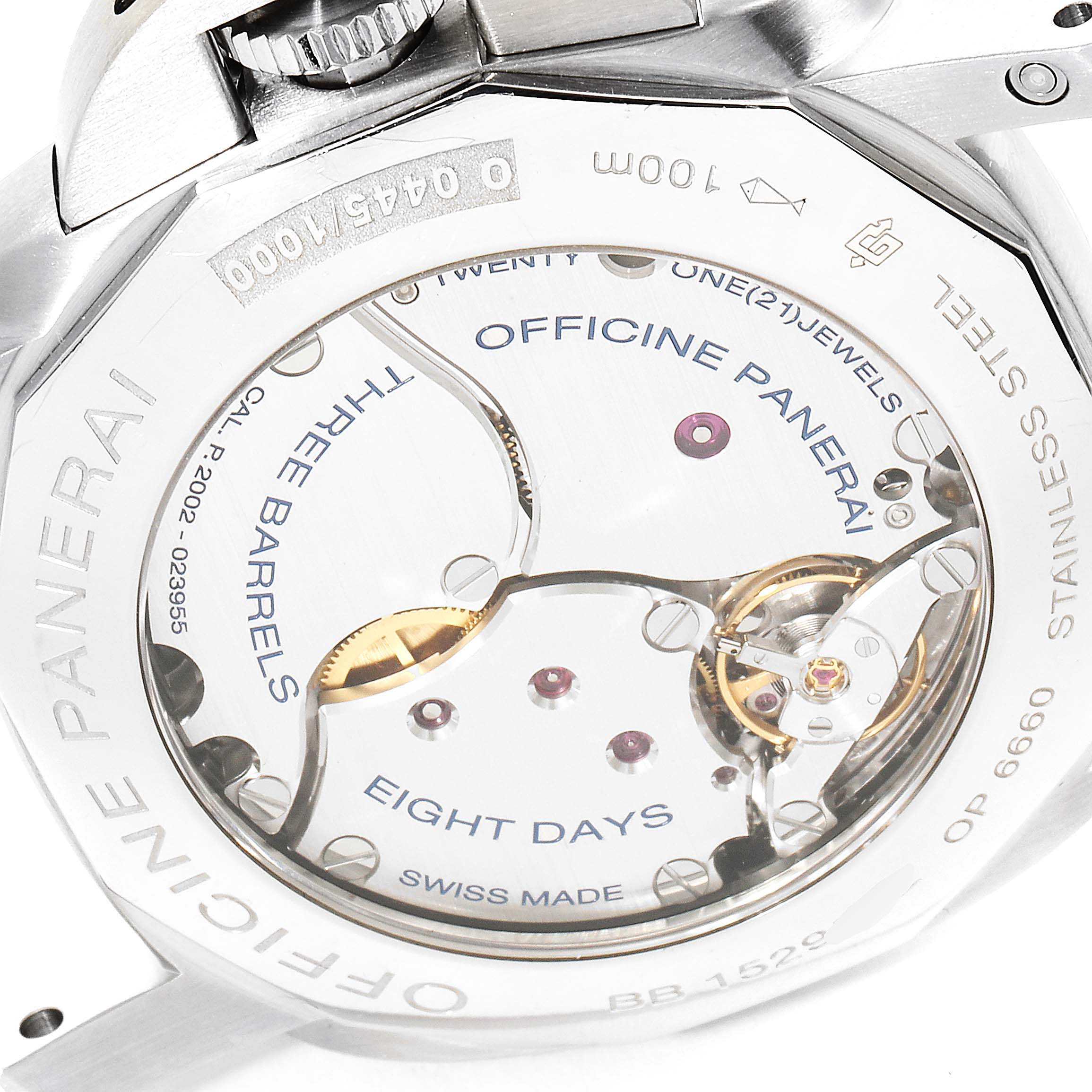 The image shows the back view of a Panerai Luminor PAM00233 Men
s Stainless Steel Black Dial PAM00233 Men
s Stainless Steel Black Dial watch, highlighting its internal mechanism, "Officine Panerai" engraving, and technical details.