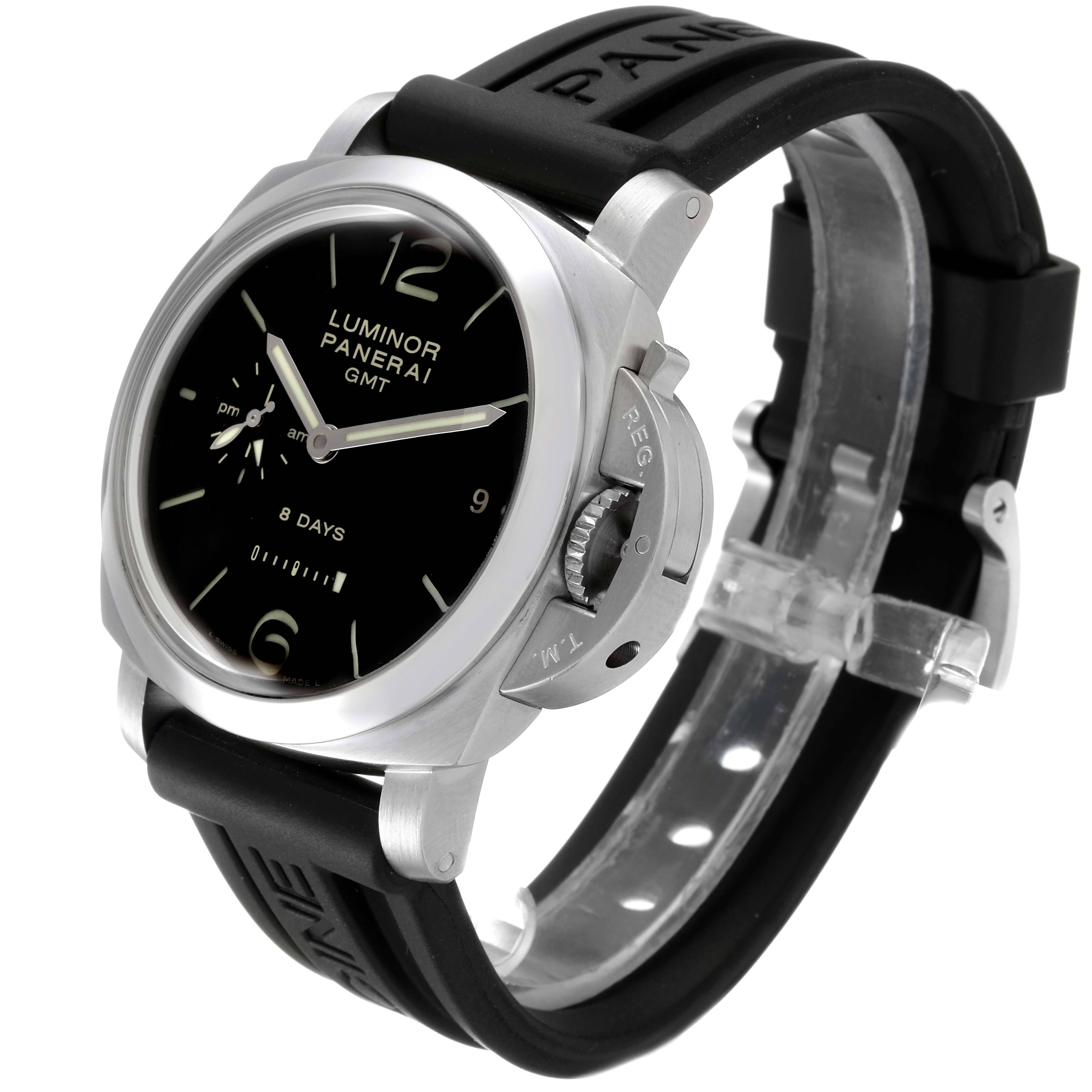 The image displays a Panerai Luminor PAM00233 Men
s Stainless Steel Black Dial PAM00233 Men
s Stainless Steel Black Dial GMT watch from a side angle, highlighting the face, crown guard, and rubber strap.