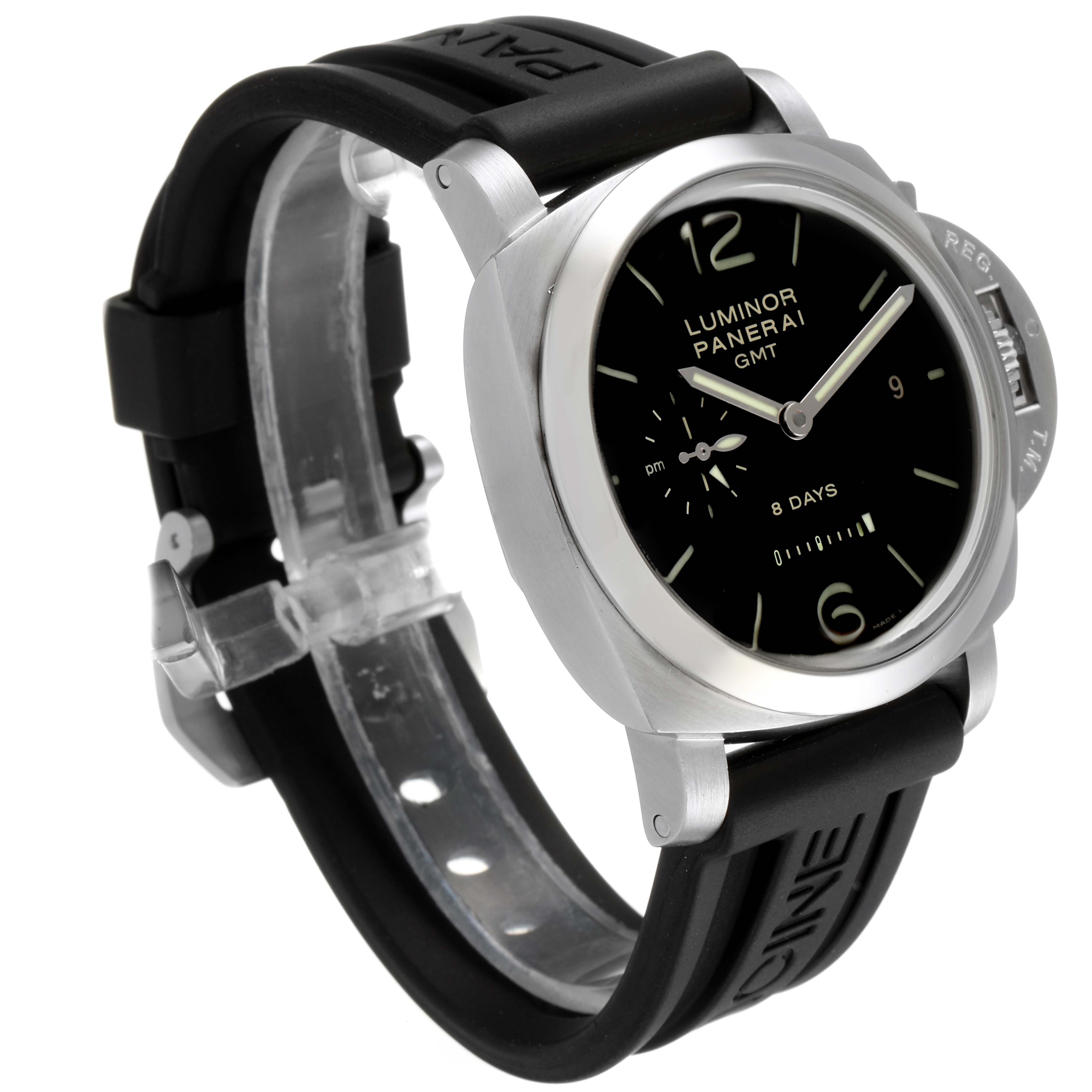 The Panerai Luminor PAM00233 Men
s Stainless Steel Black Dial PAM00233 Men
s Stainless Steel Black Dial watch is shown at a three-quarter angle, highlighting its black dial, silver case, and black rubber strap.