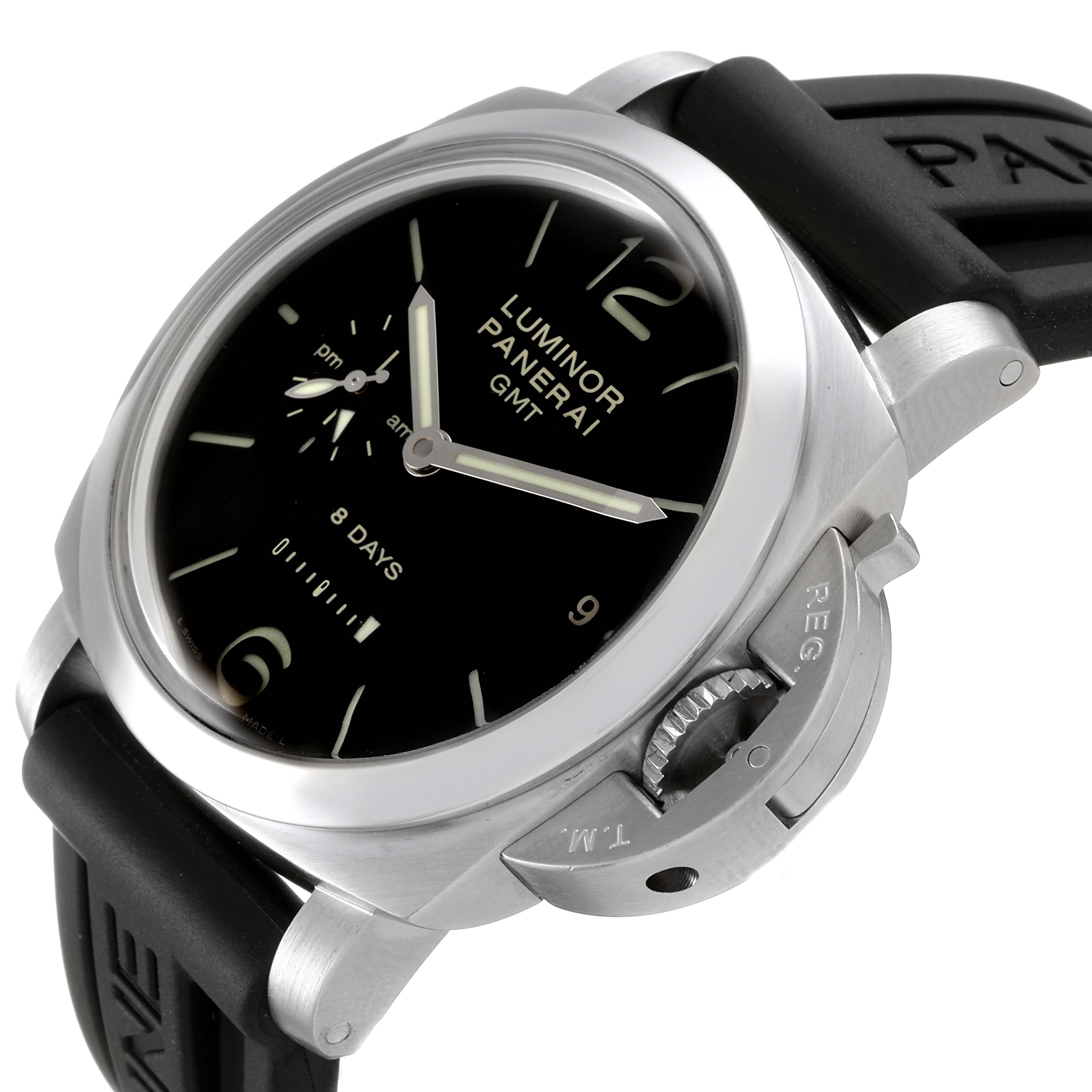 The image shows a Panerai Luminor PAM00233 Men
s Stainless Steel Black Dial PAM00233 Men
s Stainless Steel Black Dial watch at an oblique angle, highlighting the dial, crown guard, and part of the strap.