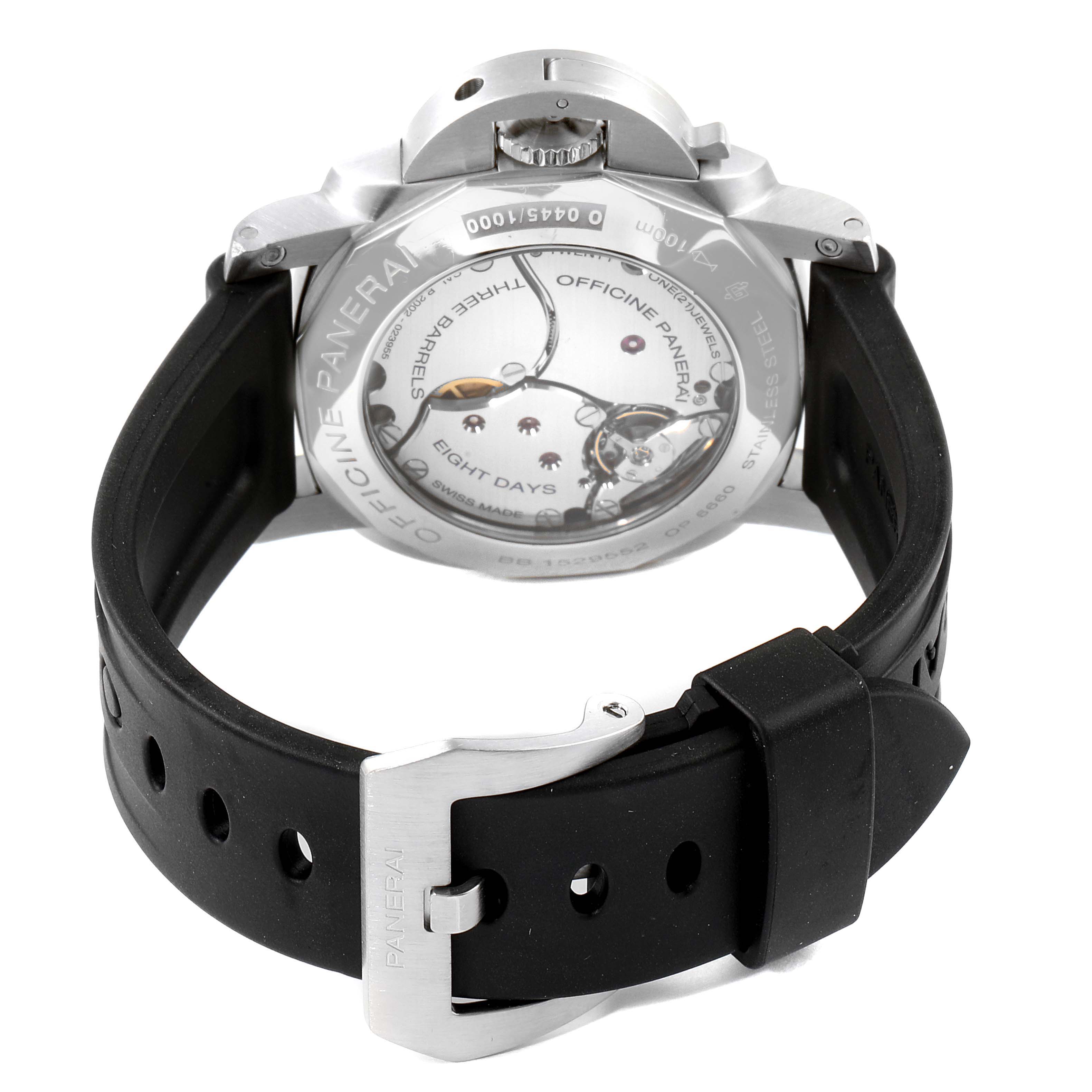 The image shows the back view of a Panerai Luminor PAM00233 Men
s Stainless Steel Black Dial PAM00233 Men
s Stainless Steel Black Dial watch, highlighting its movement and black rubber strap.