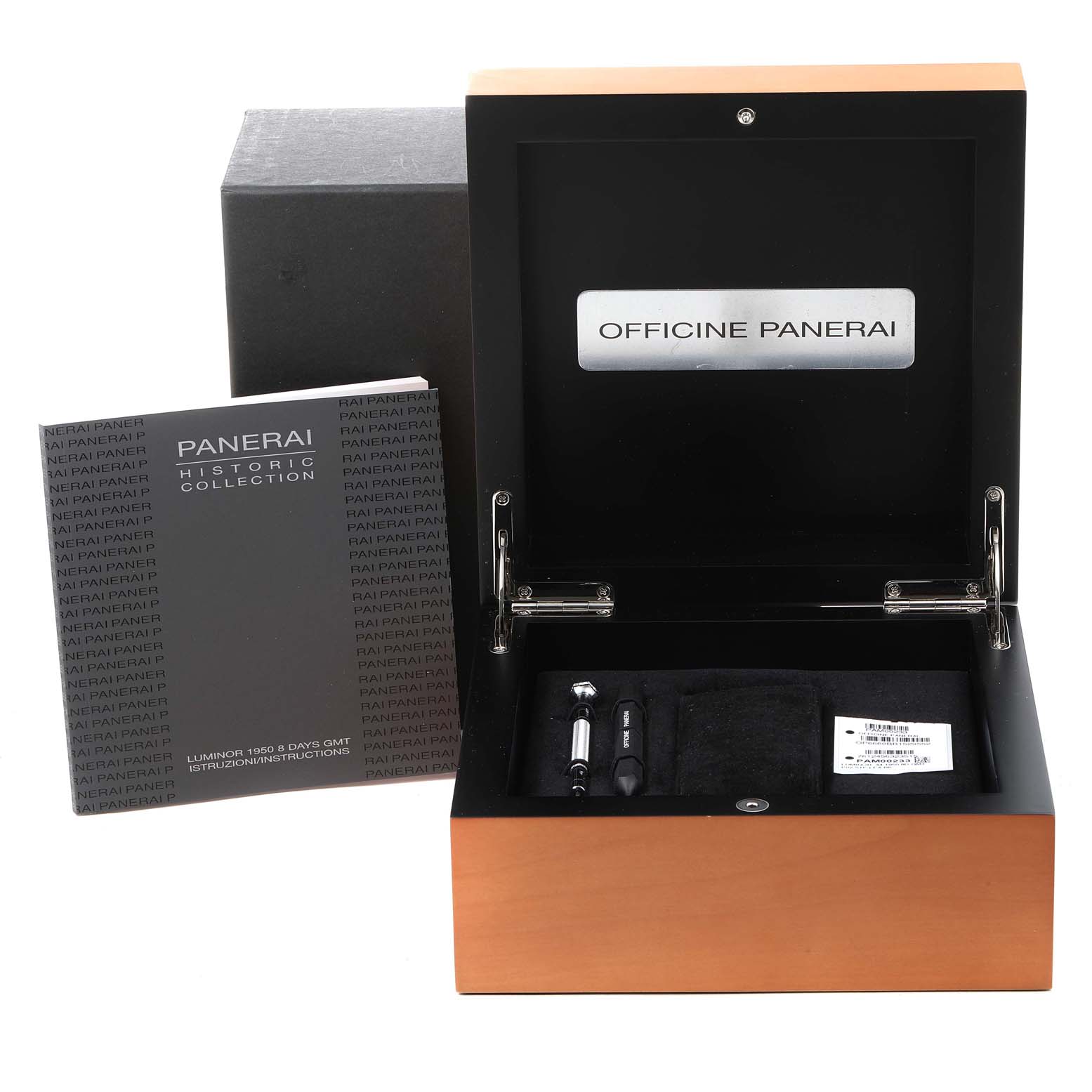 The image shows the open box, booklet, and tools for the Panerai Luminor PAM00233 Men
s Stainless Steel Black Dial PAM00233 Men
s Stainless Steel Black Dial watch model.