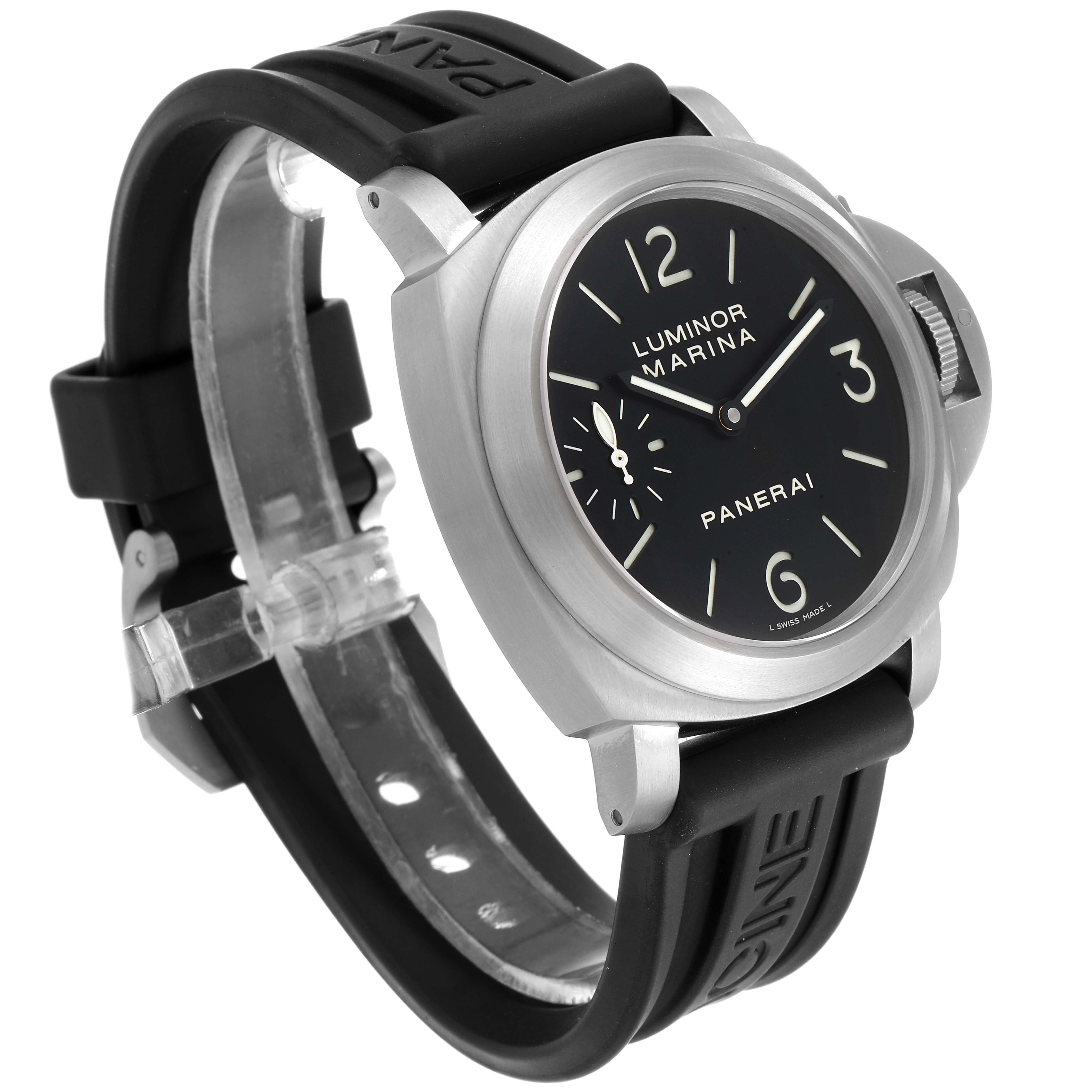 This is a Panerai Luminor PAM00177 Men's Titanium Black Dial PAM00177 Men's Titanium Black Dial model watch shown from an angled side view, displaying the watch face and black rubber strap.