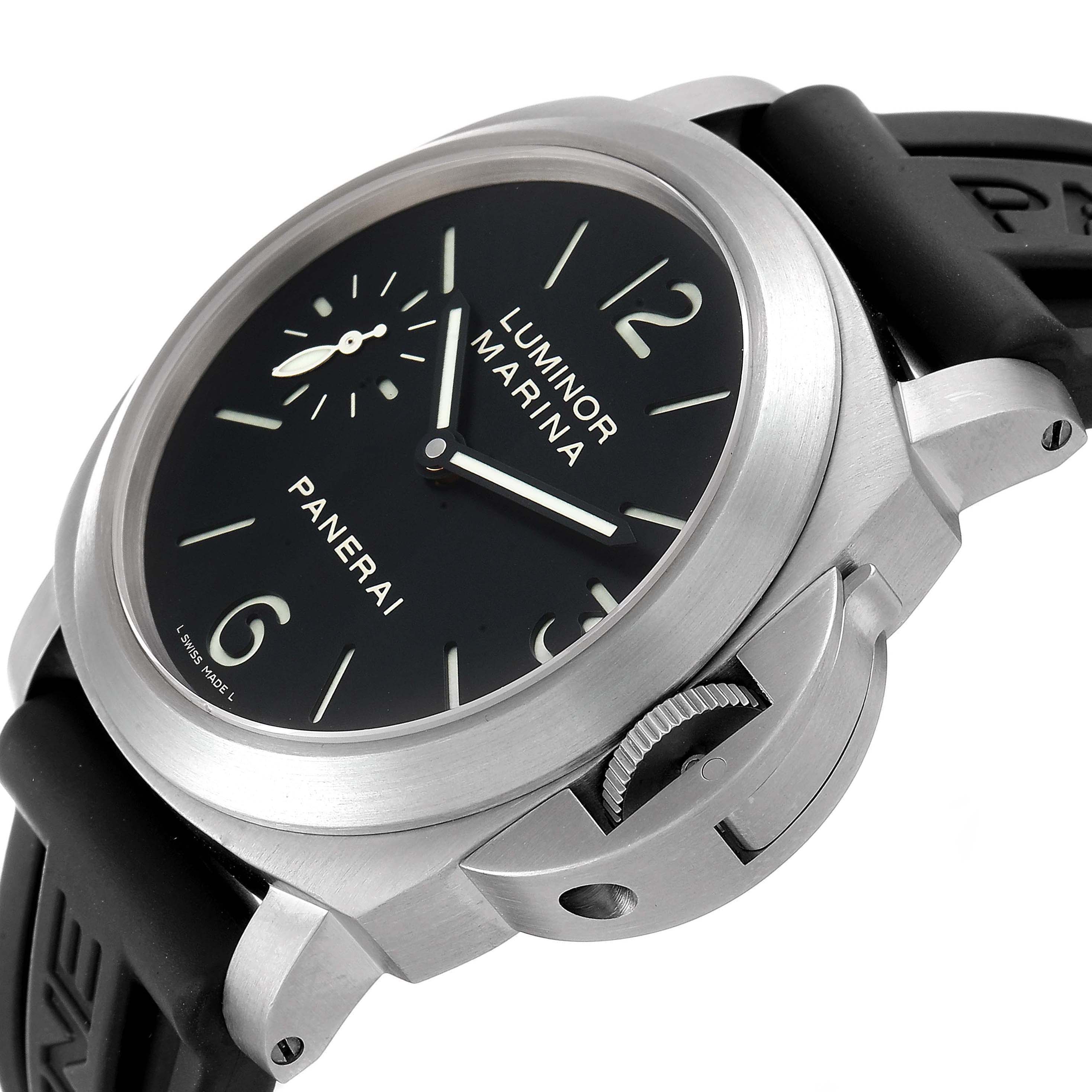 The image shows a side angle of the Panerai Luminor PAM00177 Men's Titanium Black Dial PAM00177 Men's Titanium Black Dial Marina watch, highlighting the dial, crown guard, and part of the strap.