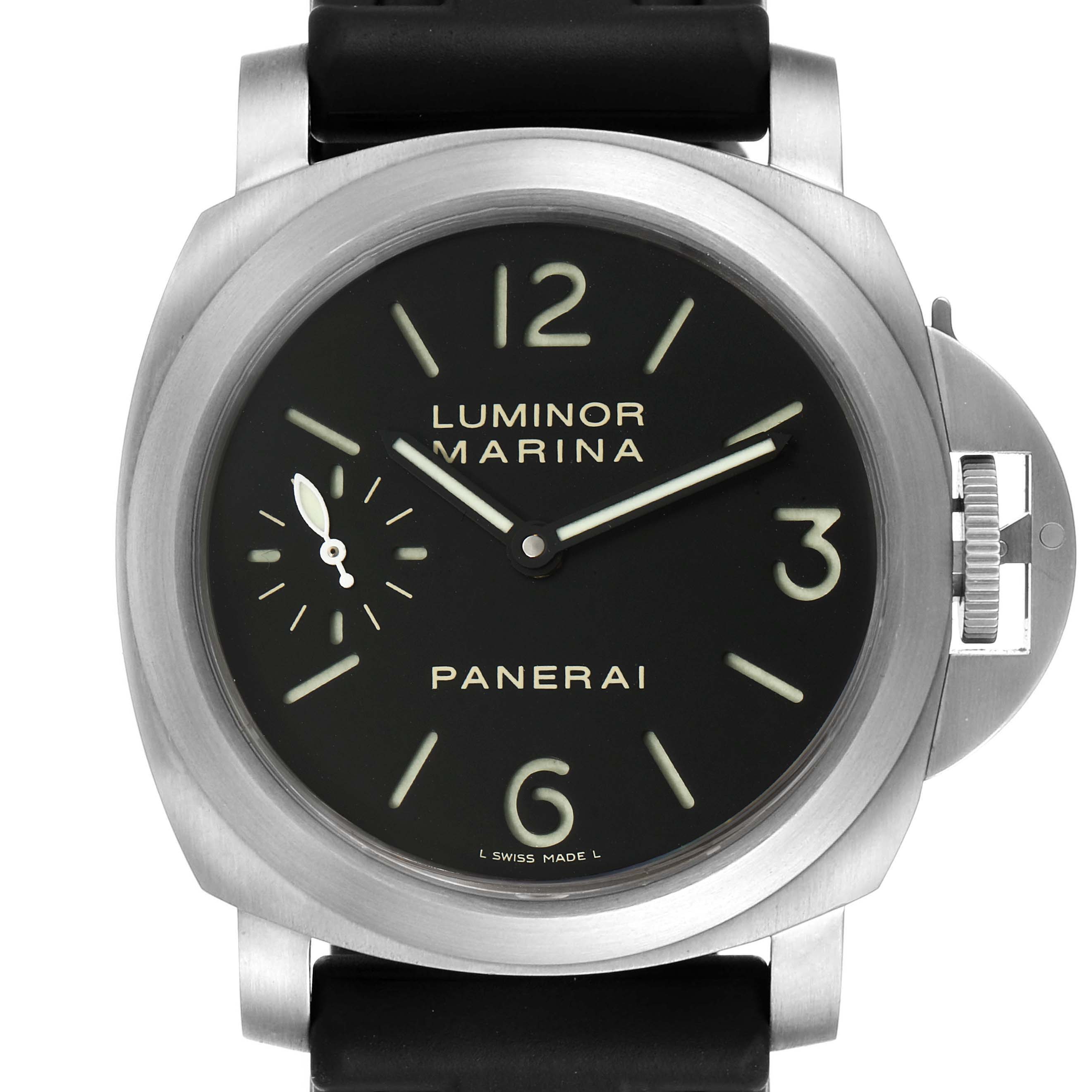 The image shows a straight-on view of a Panerai Luminor PAM00177 Men's Titanium Black Dial PAM00177 Men's Titanium Black Dial model watch, highlighting the dial, case, and crown guard.