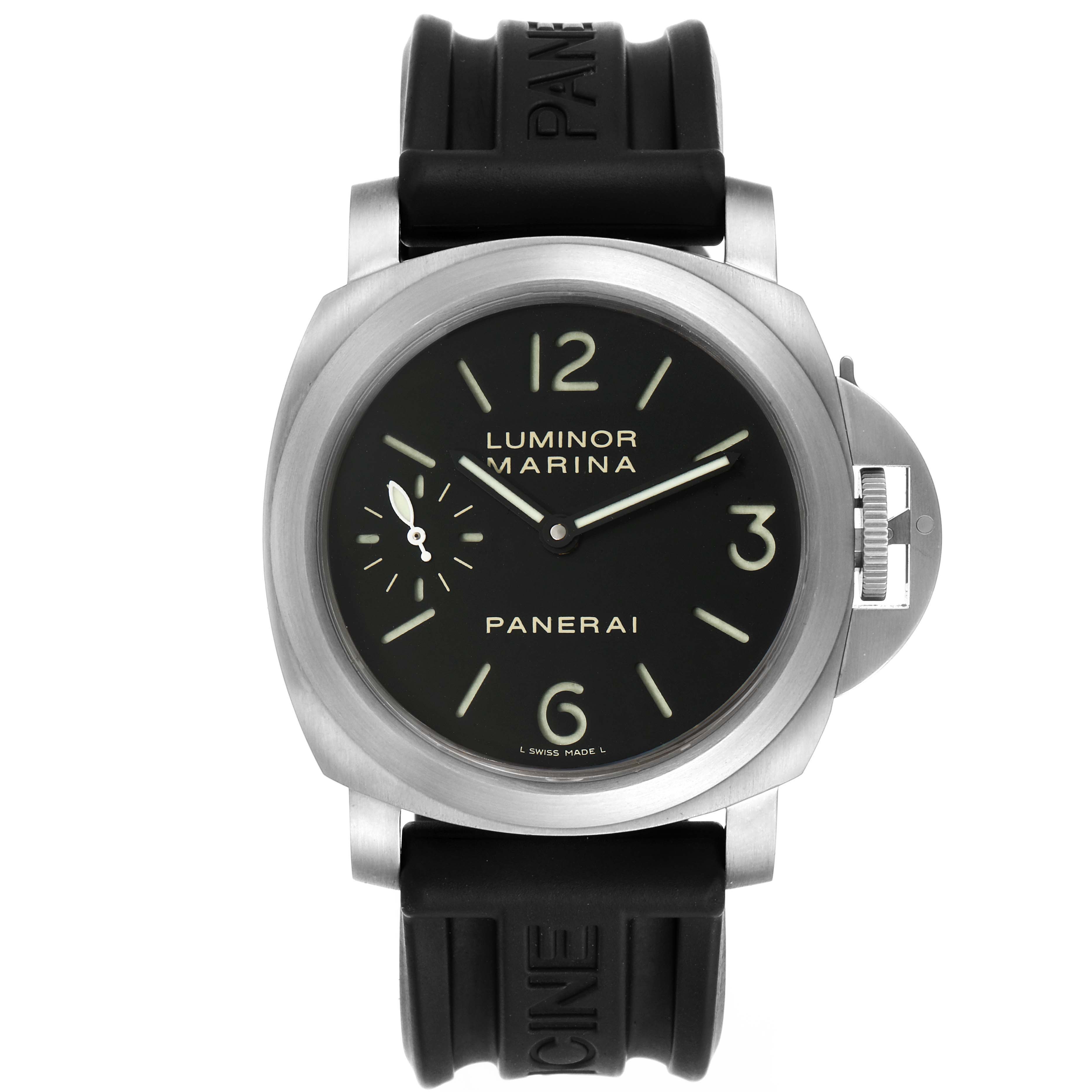 The Panerai Luminor PAM00177 Men's Titanium Black Dial PAM00177 Men's Titanium Black Dial watch is shown from a front angle, highlighting its black dial, cushion-shaped case, and branded rubber strap.