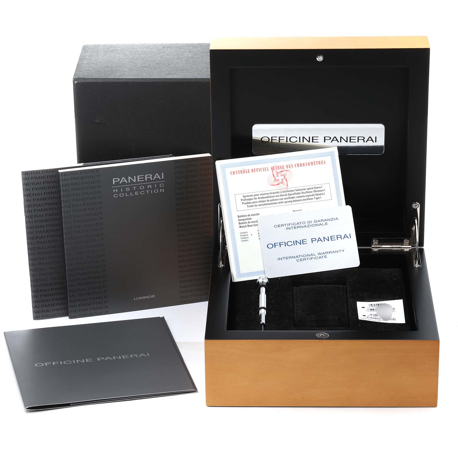 The image shows the packaging of the Panerai Luminor PAM00177 Men's Titanium Black Dial PAM00177 Men's Titanium Black Dial watch, including a box, manuals, and warranty certificates.