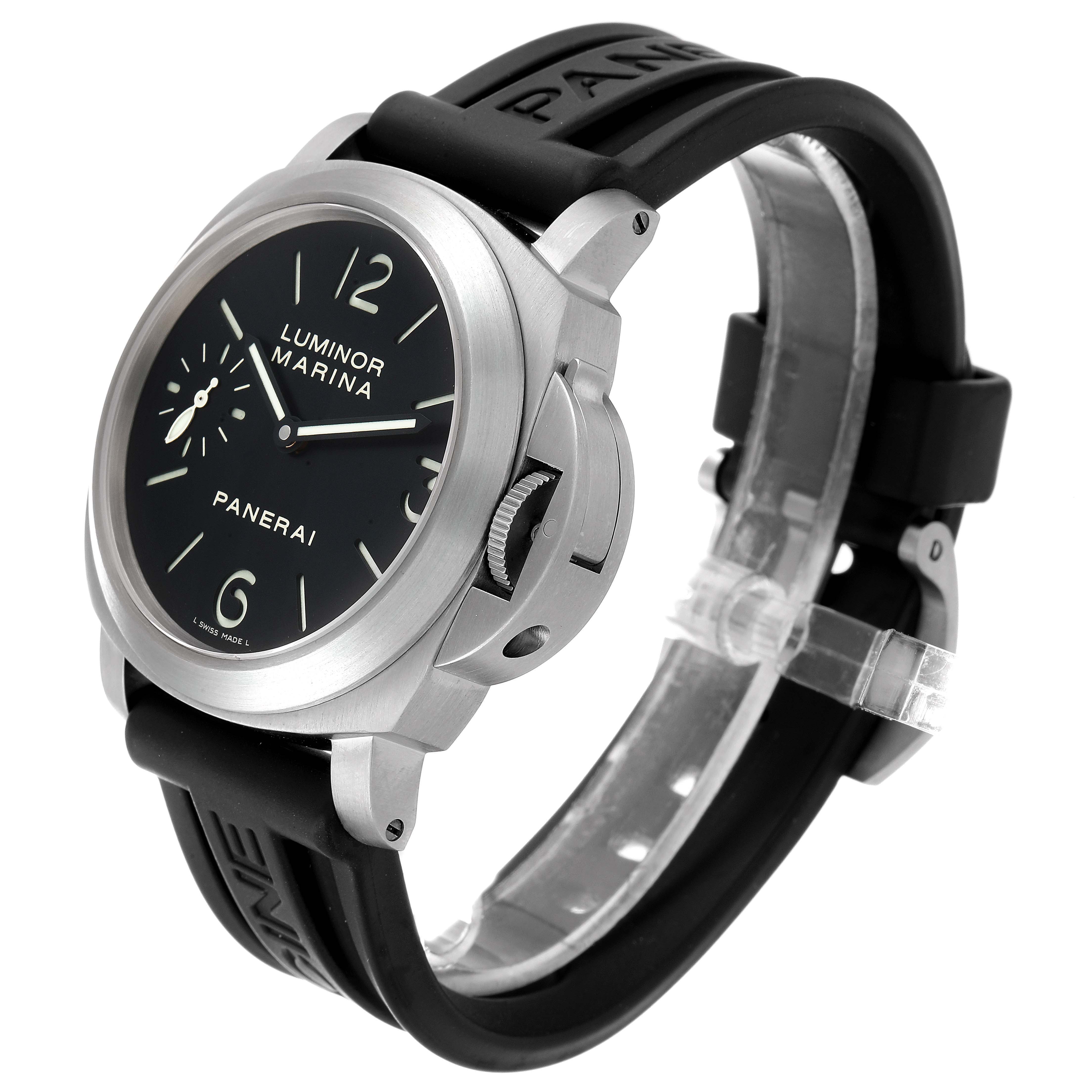 The image shows a Panerai Luminor PAM00177 Men's Titanium Black Dial PAM00177 Men's Titanium Black Dial Marina watch at an angle highlighting its black dial, crown guard, and black rubber strap.