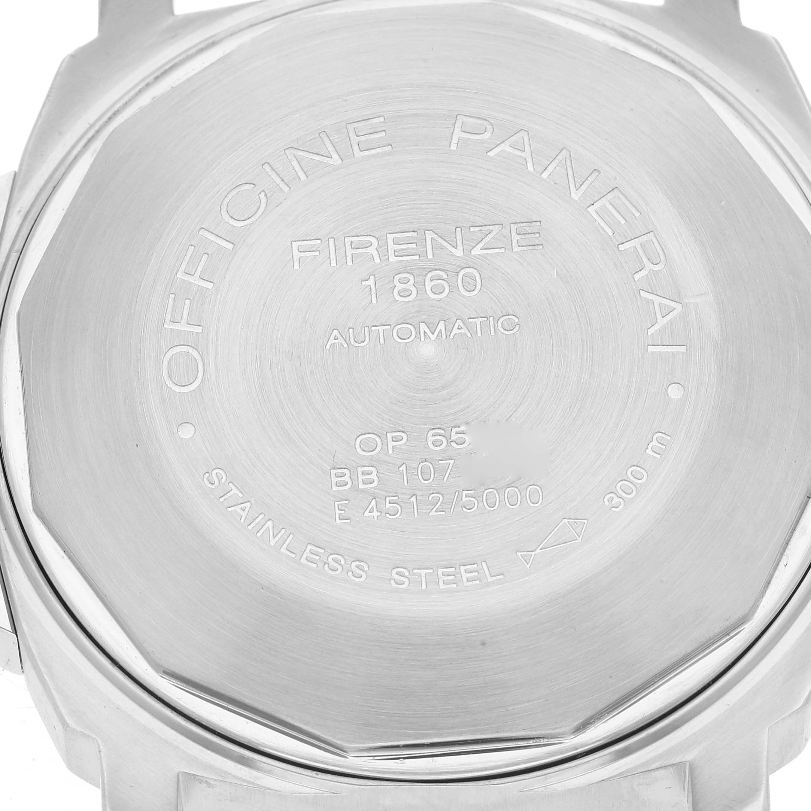 This image shows the back case of a Luminor model watch by Panerai, showcasing its engravings and specifications.