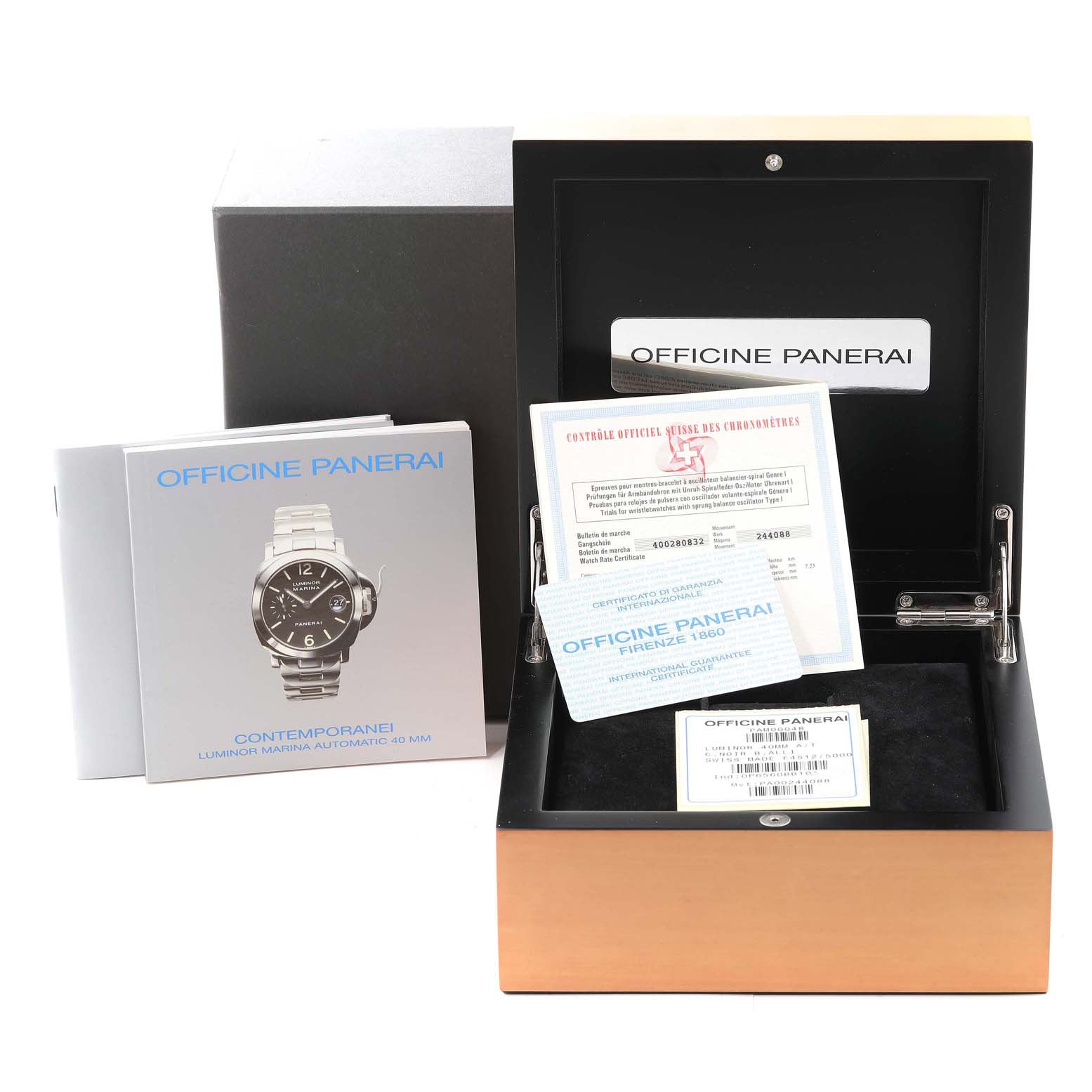 This image shows the packaging and documentation for a Panerai Luminor PAM00048 Men's Stainless Steel Black Dial PAM00048 Men's Stainless Steel Black Dial model watch with certificates and a booklet.