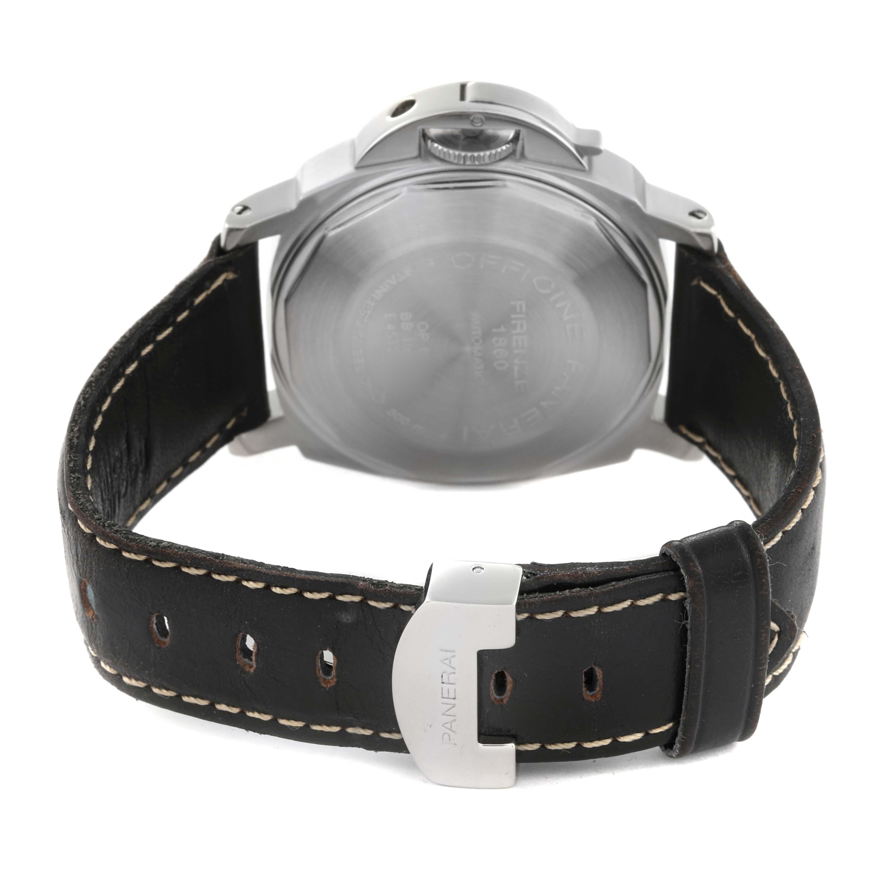The image shows the back case and leather strap of the Panerai Luminor PAM00048 Men's Stainless Steel Black Dial PAM00048 Men's Stainless Steel Black Dial watch.