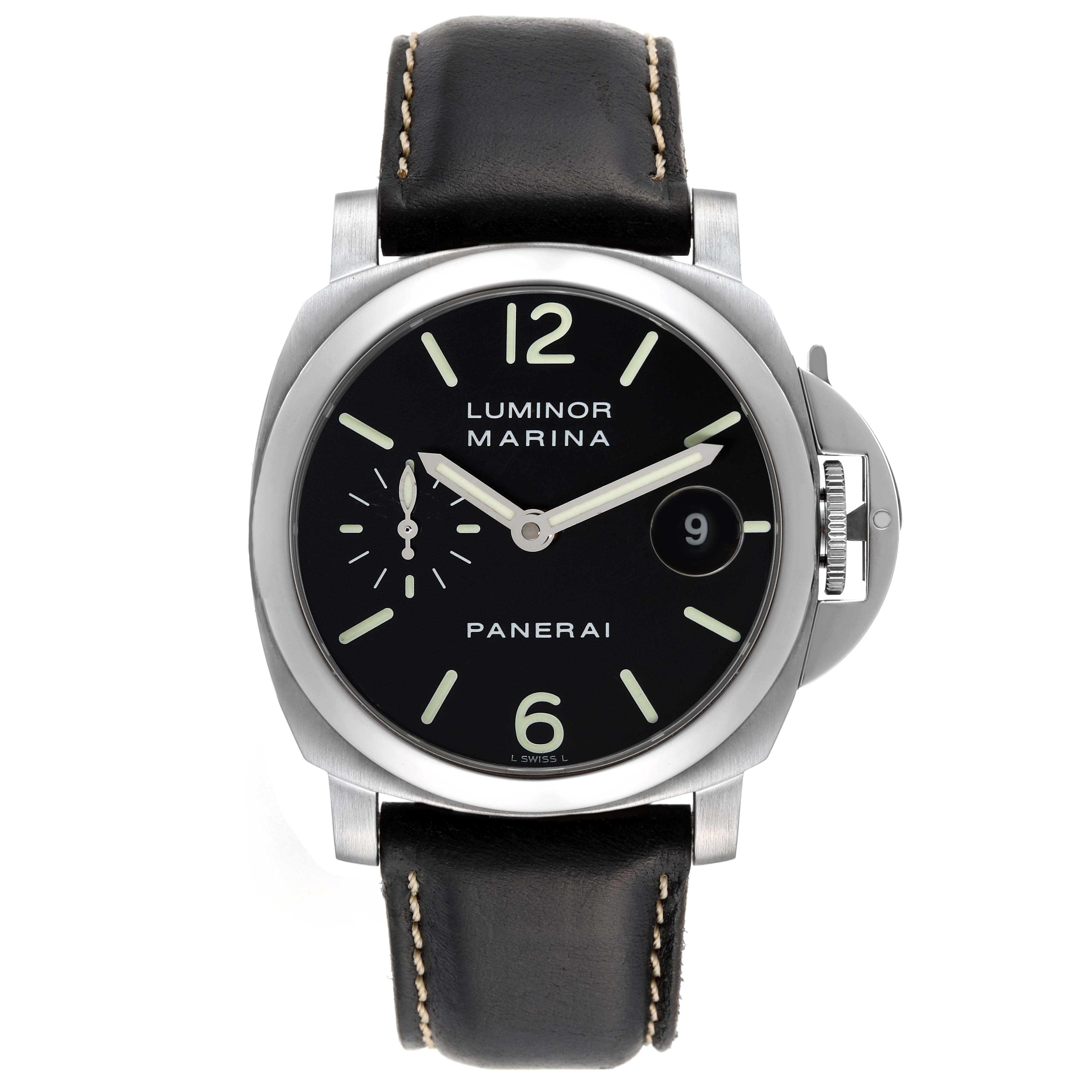 The image shows a front view of a Panerai Luminor PAM00048 Men's Stainless Steel Black Dial PAM00048 Men's Stainless Steel Black Dial watch, highlighting its black dial, stainless steel case, and black leather strap.