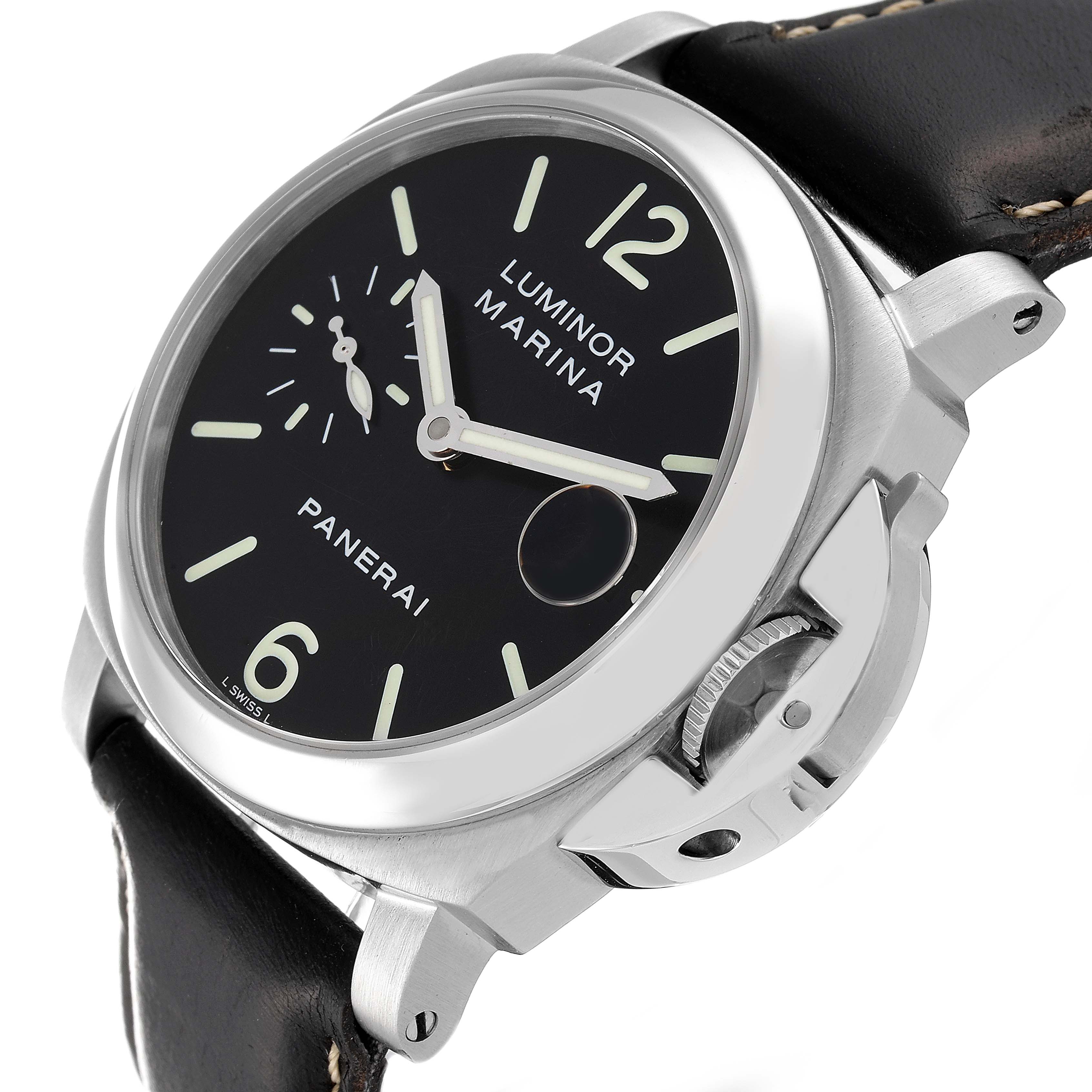 The image shows a Panerai Luminor PAM00048 Men's Stainless Steel Black Dial PAM00048 Men's Stainless Steel Black Dial Marina watch from an angled perspective highlighting the dial, hands, crown guard, and leather strap.