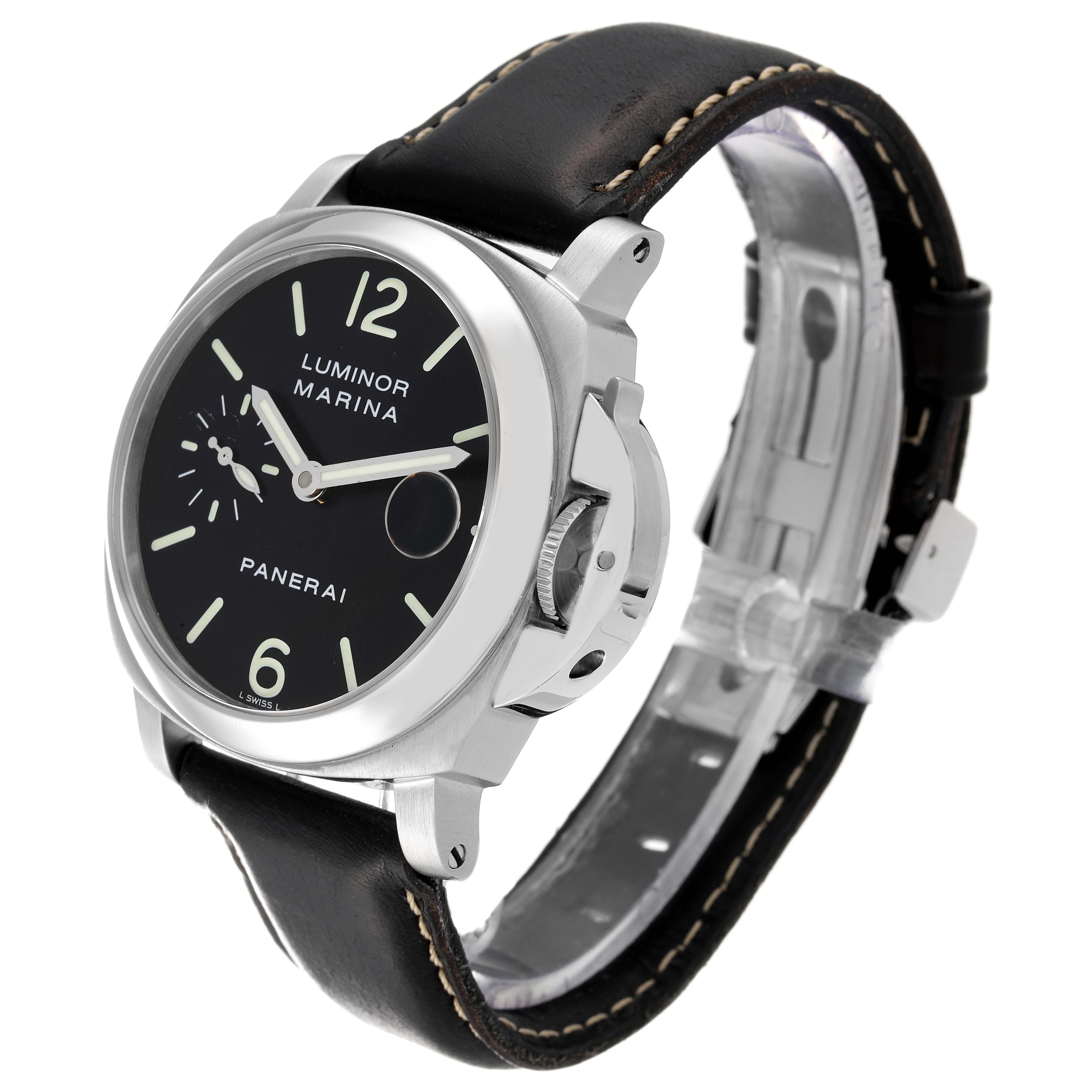 The Panerai Luminor PAM00048 Men's Stainless Steel Black Dial PAM00048 Men's Stainless Steel Black Dial watch is shown at a three-quarter angle, highlighting the face, crown guard, and leather strap.
