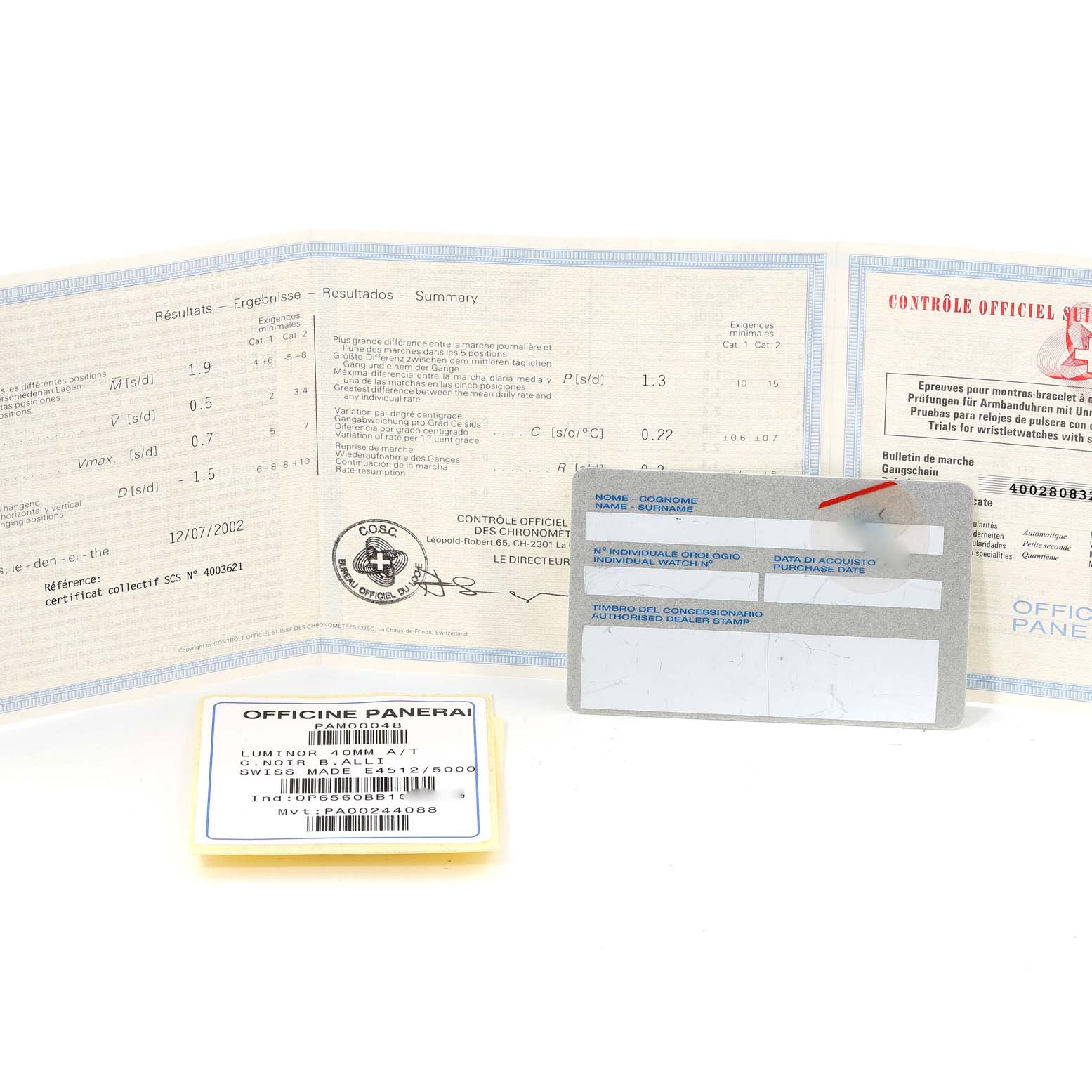 The image shows documentation, warranty card, and a labeled container for the Panerai Luminor PAM00048 Men's Stainless Steel Black Dial PAM00048 Men's Stainless Steel Black Dial model watch.