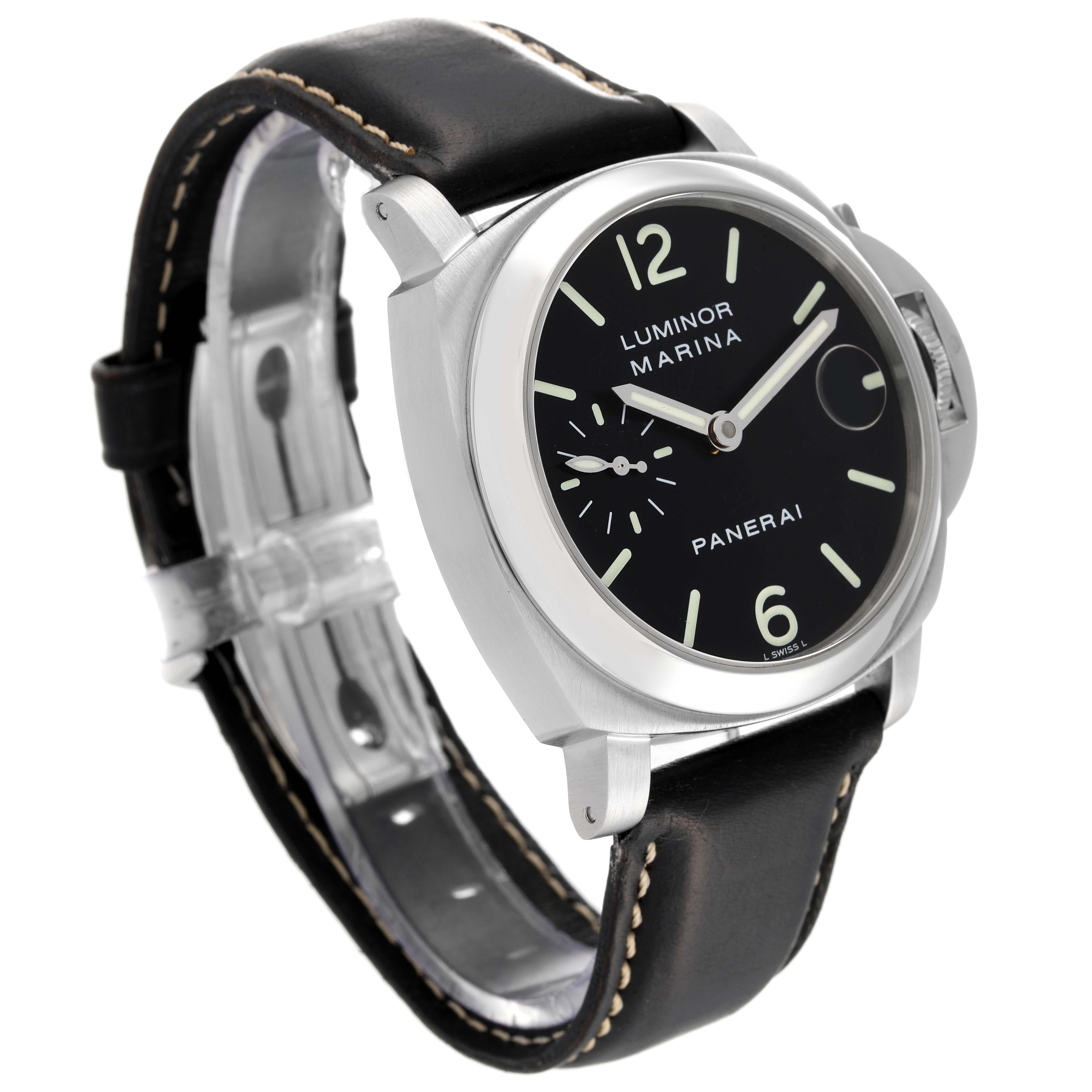 This image shows a Panerai Luminor PAM00048 Men's Stainless Steel Black Dial PAM00048 Men's Stainless Steel Black Dial Marina watch at an oblique angle focusing on the dial and leather strap.