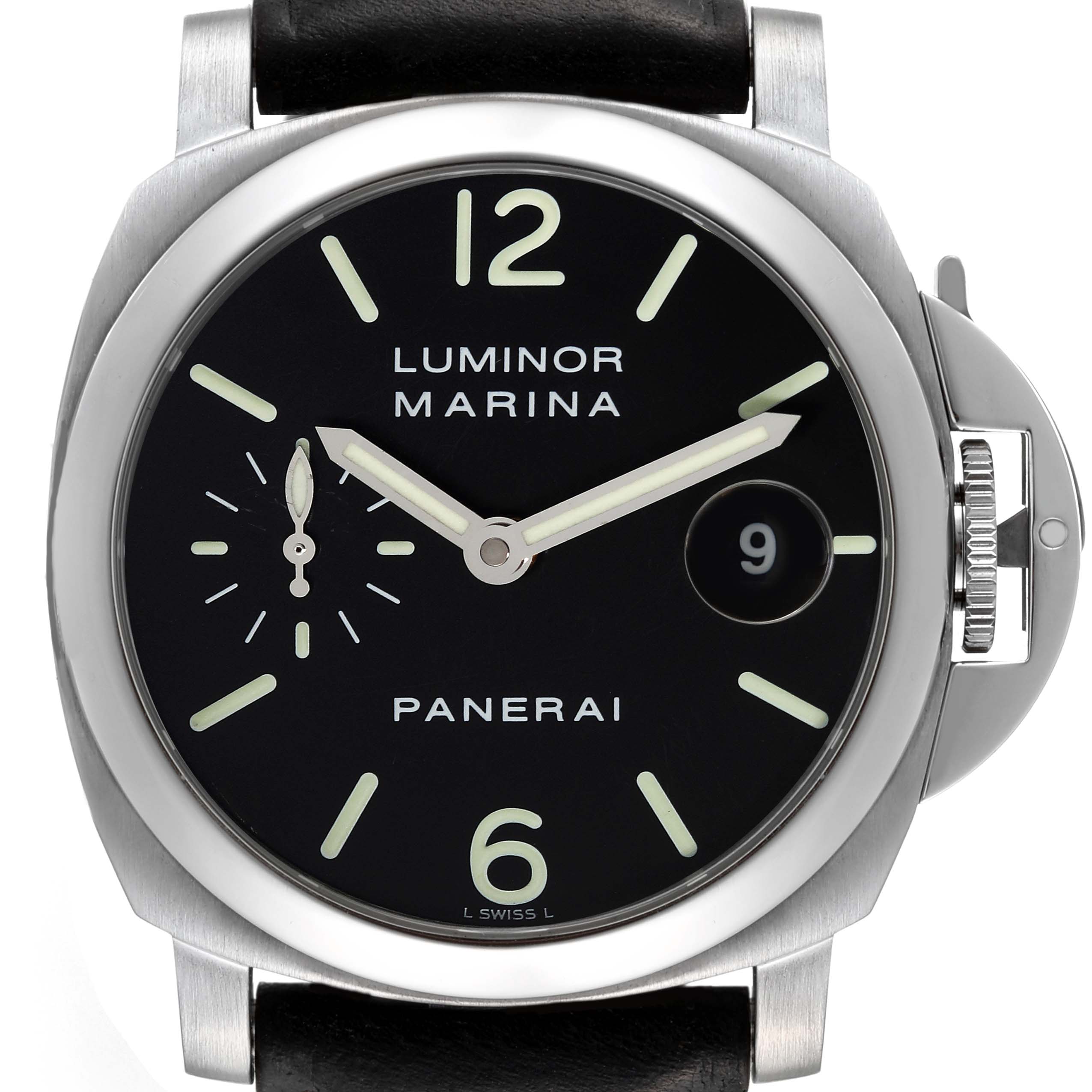 The Panerai Luminor PAM00048 Men's Stainless Steel Black Dial PAM00048 Men's Stainless Steel Black Dial watch is shown from a front angle, displaying the dial, hour markers, hands, date window, and crown protector.