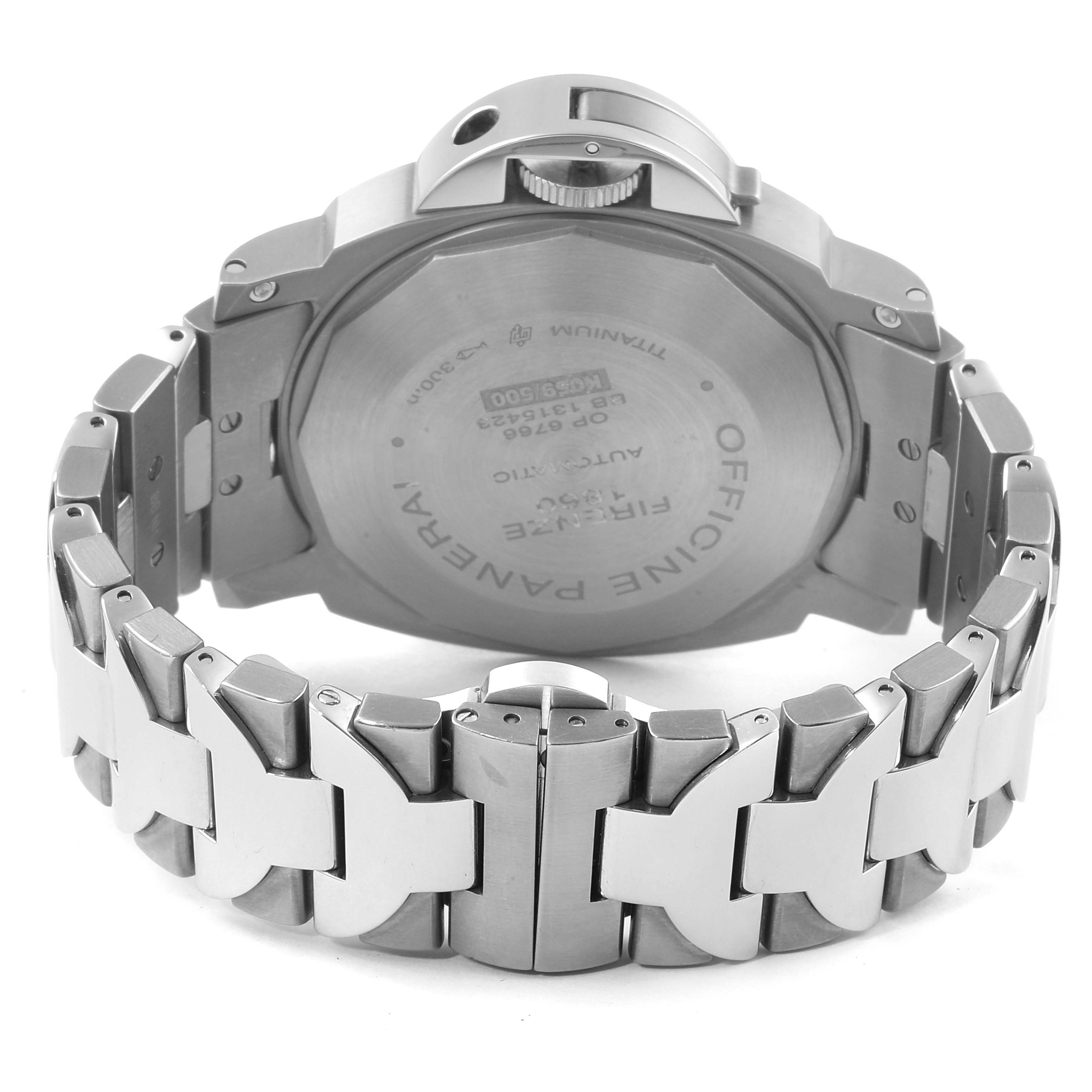 The image shows the back view of a Panerai Luminor PAM00171 Men's Titanium Black Dial PAM00171 Men's Titanium Black Dial watch, focusing on its case back and metal bracelet.