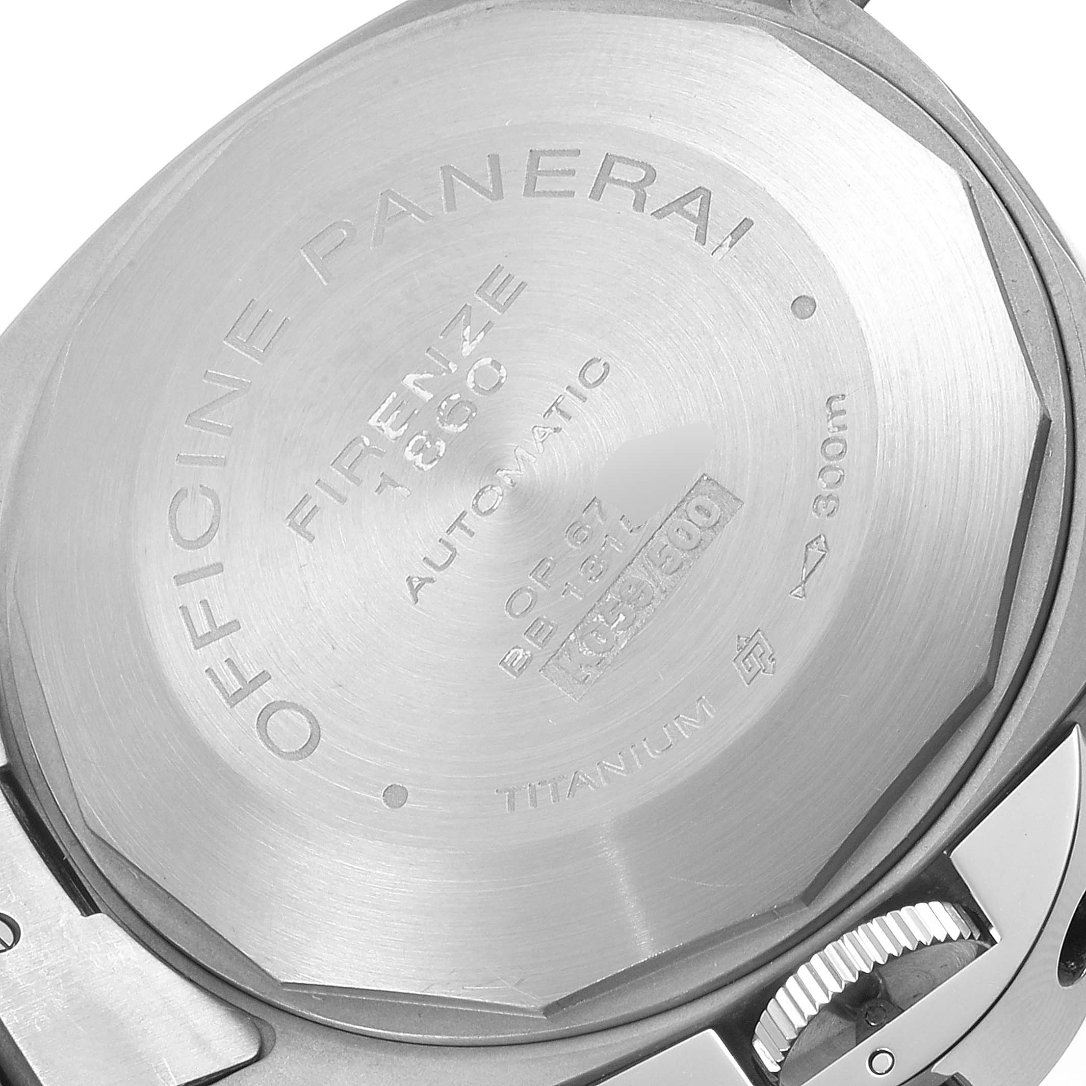 The image shows the back of a Panerai Luminor PAM00171 Men's Titanium Black Dial PAM00171 Men's Titanium Black Dial watch, highlighting the case back and crown guard mechanism.